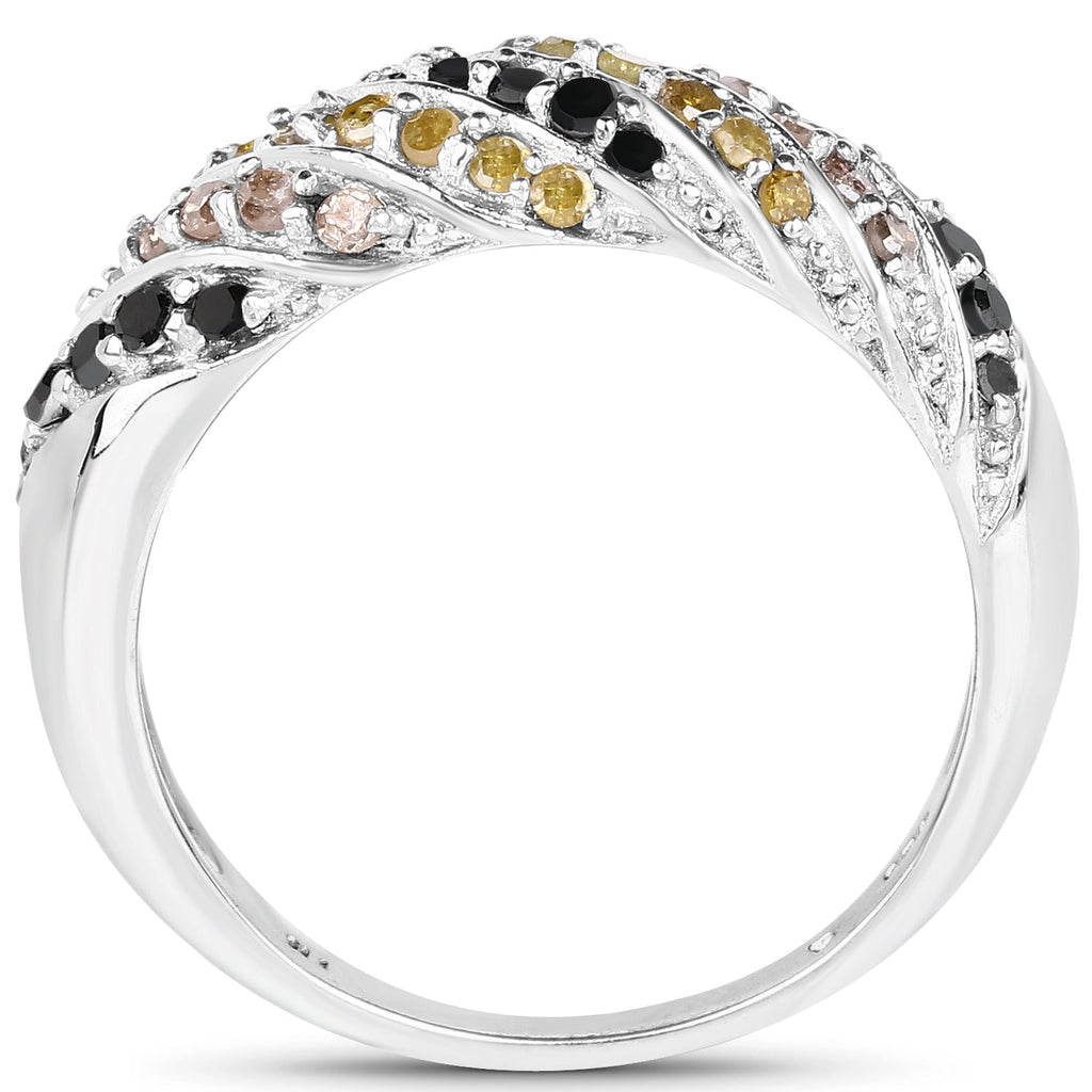 0.63 Carat Genuine Champagne Diamond, Yellow Diamond & Black Diamond .925 Sterling Silver Ring