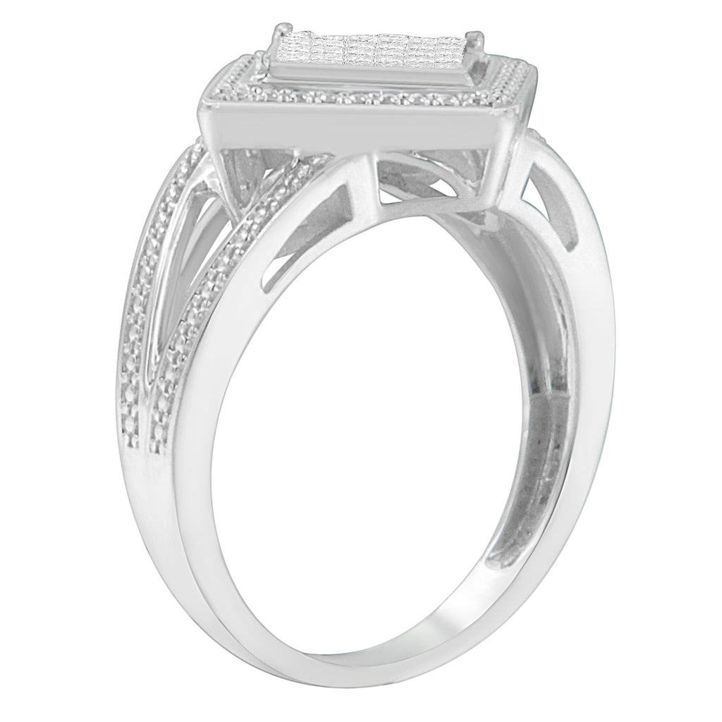 .925 Sterling Silver 1/3 Cttw Invisible Set Princess-Cut Diamond Rhombus and Beaded Halo Ring (H-I Color, SI1-SI2 Clarity) - Ring Size 7