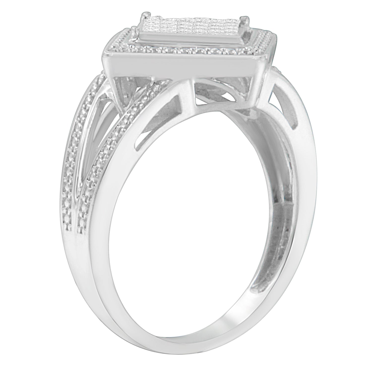 .925 Sterling Silver 1/3 Cttw Invisible Set Princess-Cut Diamond Rhombus and Beaded Halo Ring (H-I Color, SI1-SI2 Clarity) - Ring Size 7