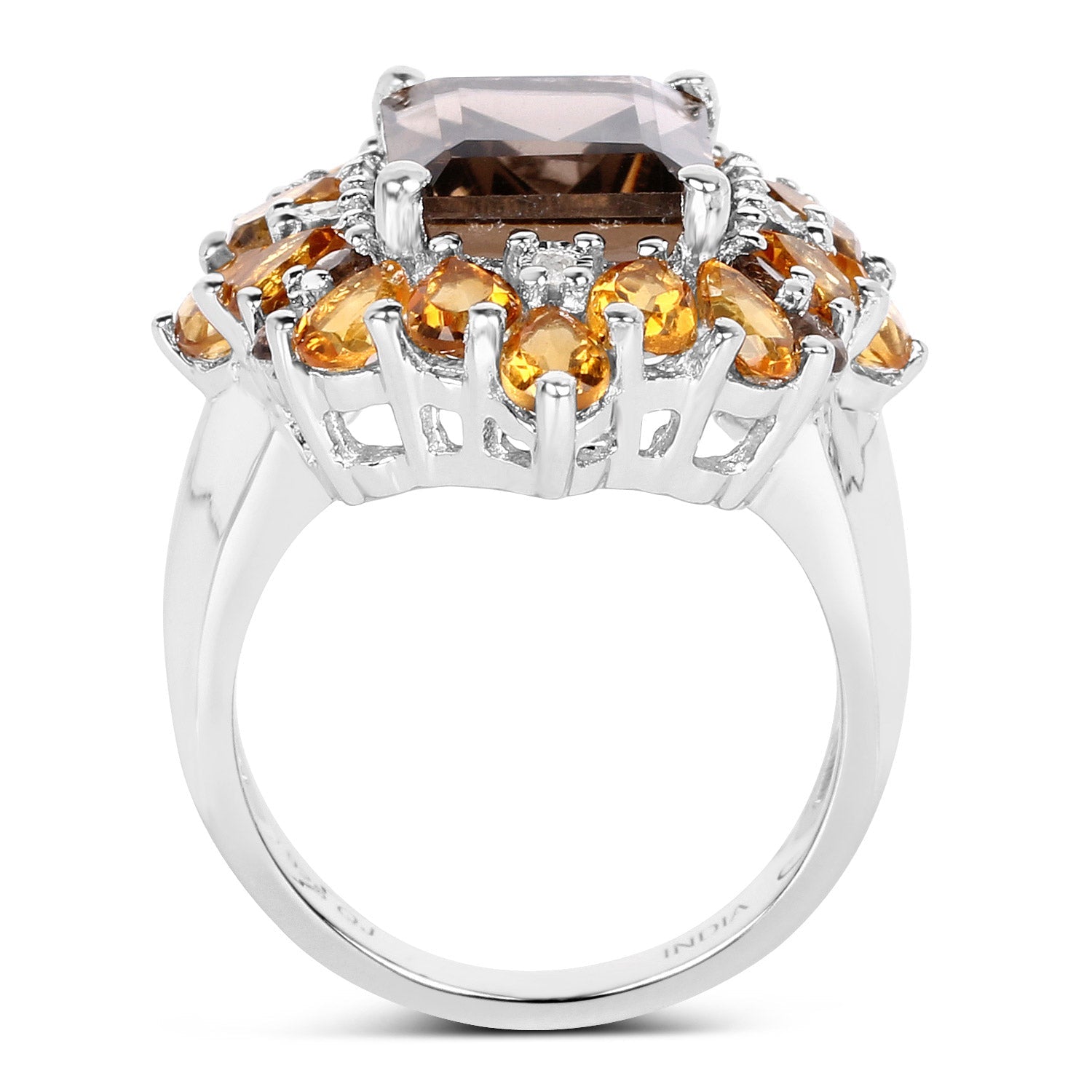 6.72 Carat Genuine Smoky Quartz, Citrine and White Diamond .925 Sterling Silver Ring