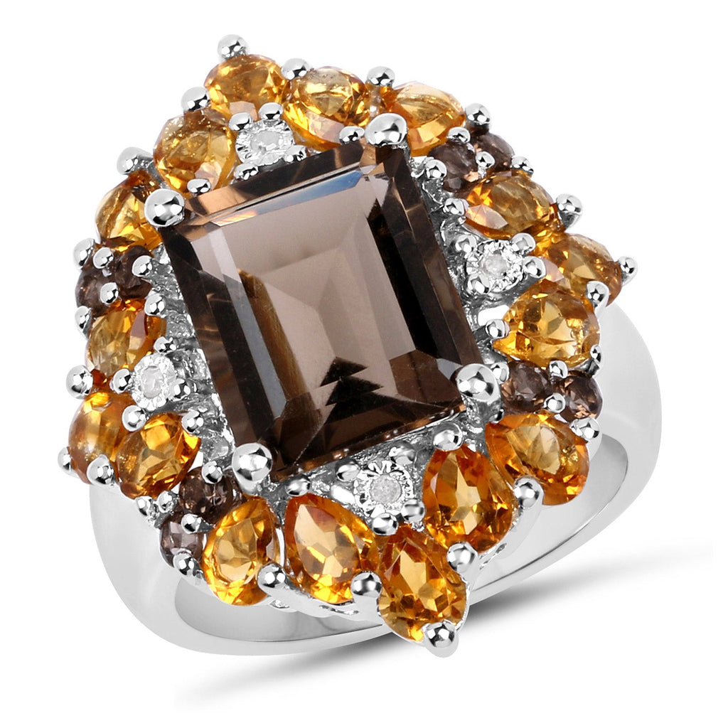 6.72 Carat Genuine Smoky Quartz, Citrine and White Diamond .925 Sterling Silver Ring