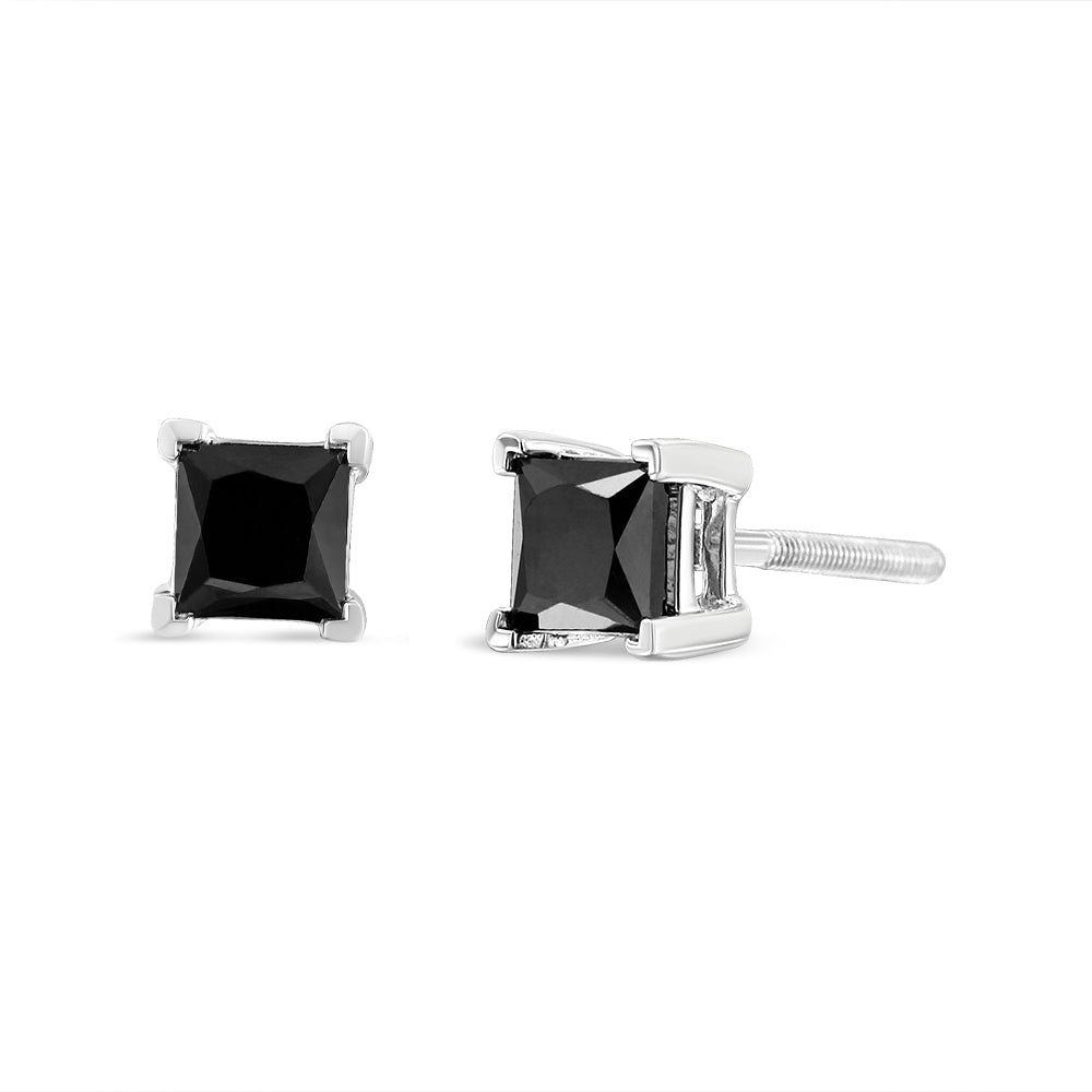 14K White Gold 4.00 Cttw Princess-Cut Treated Black Diamond Classic 4-Prong Stud Earrings with Screw Backs (Fancy Color-Enhanced, I2-I3 Clarity)