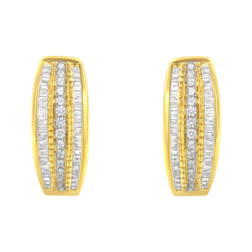 10K Yellow Gold 3/4 Cttw Pave and Channel Set Diamond Triple Row Modern Hoop Earrings (I-J Color, I2-I3 Clarity)