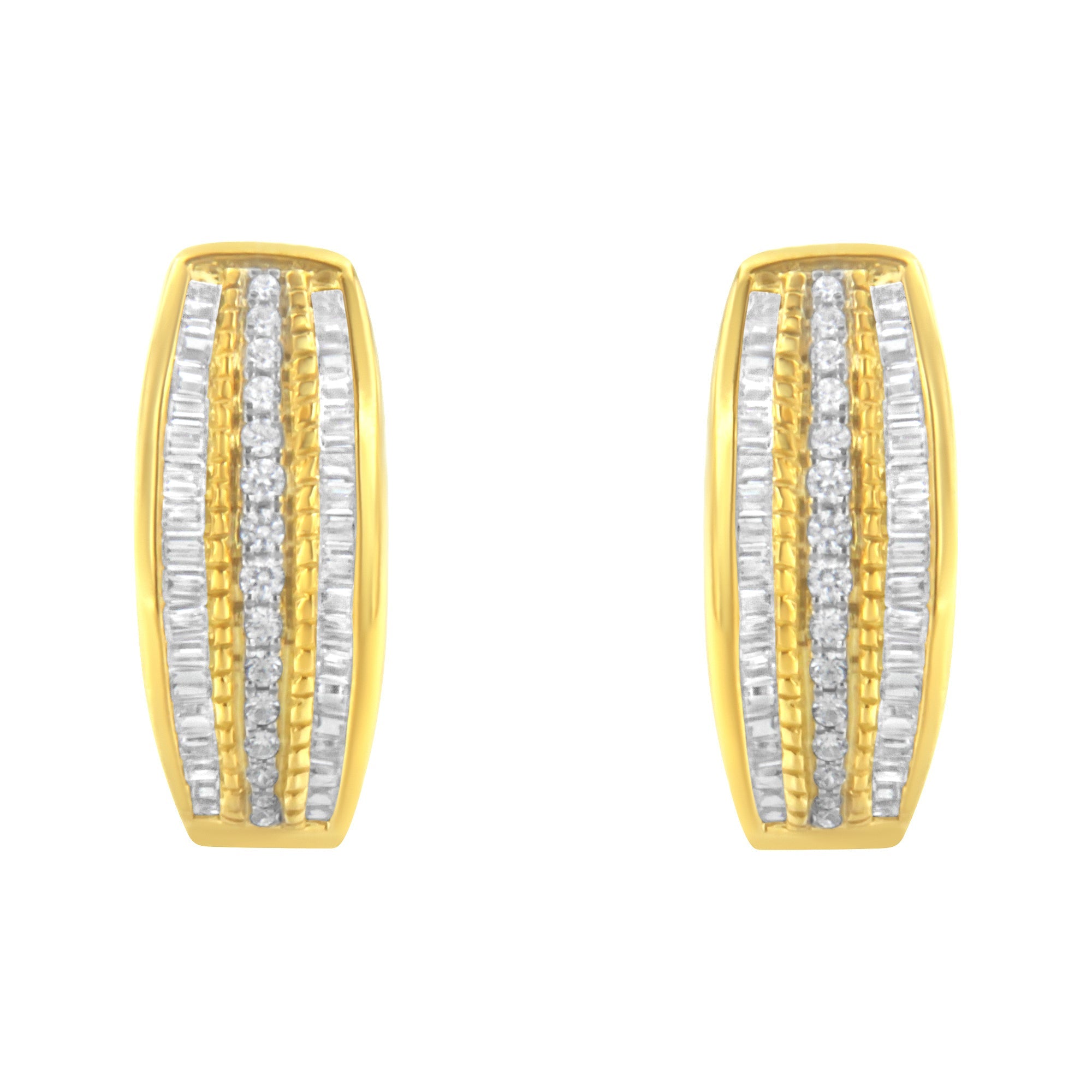 10K Yellow Gold 3/4 Cttw Pave and Channel Set Diamond Triple Row Modern Hoop Earrings (I-J Color, I2-I3 Clarity)