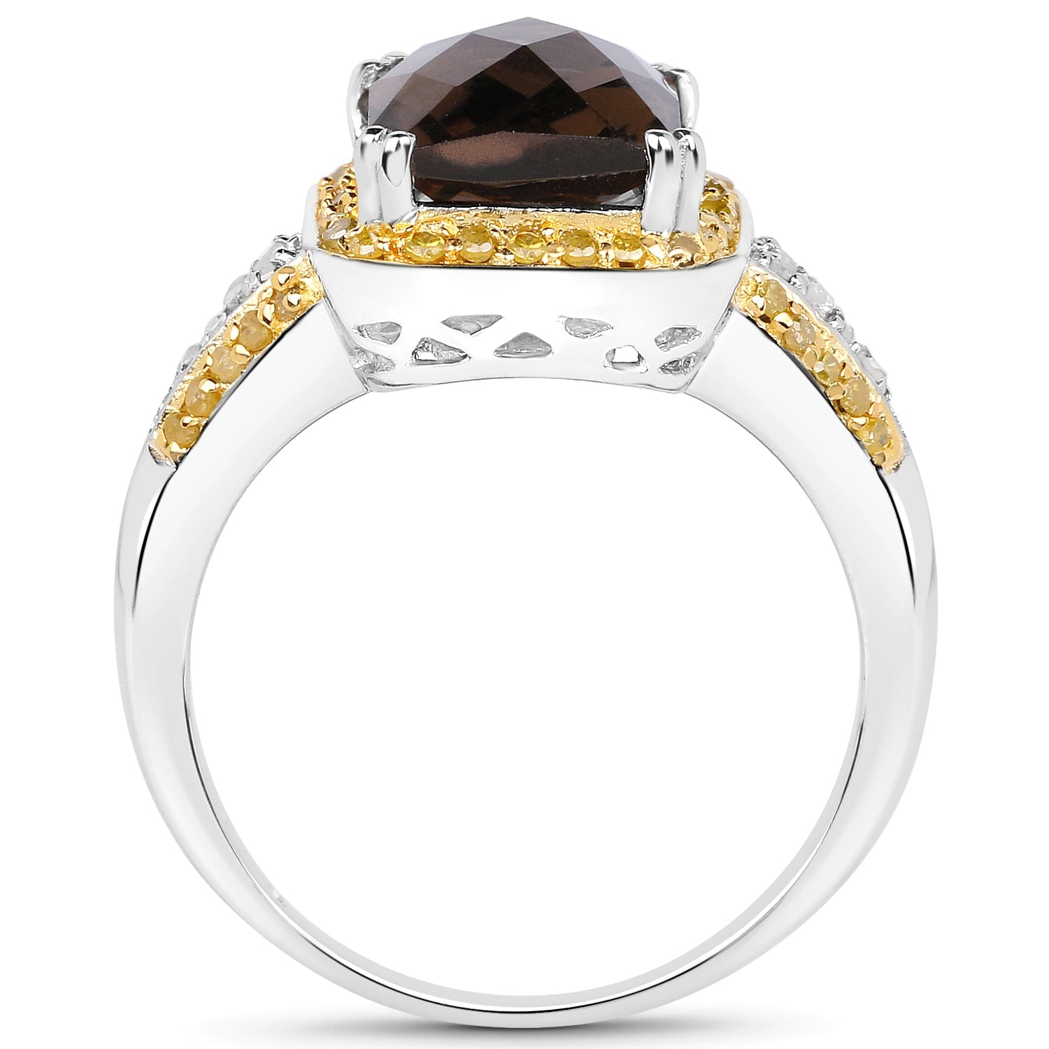 3.48 Carat Genuine Smoky Quartz, Yellow Diamond and White Diamond .925 Sterling Silver Ring