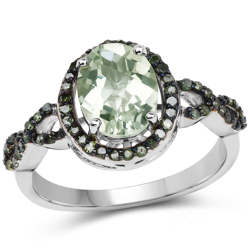 2.09 Carat Genuine Green Amethyst & Green Diamond .925 Sterling Silver Ring