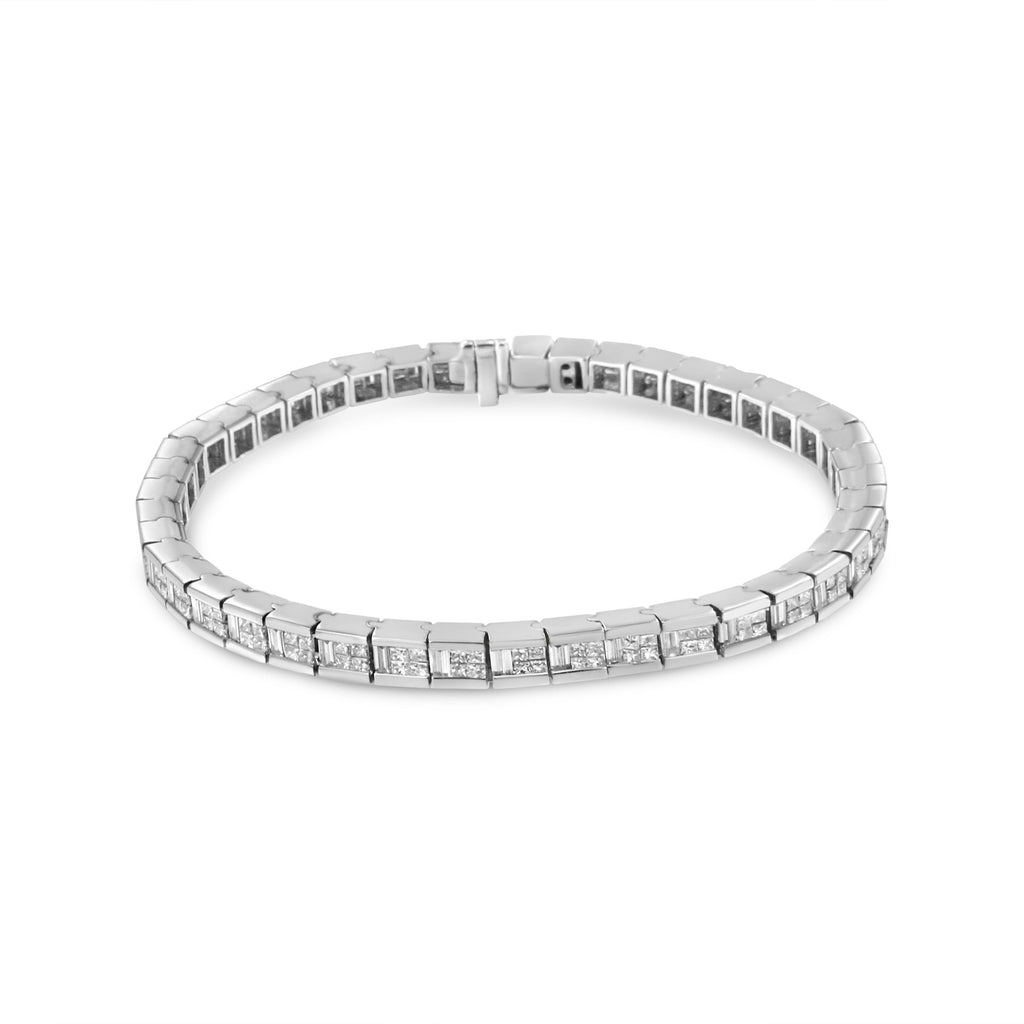 14K White Gold 4 3/8 Cttw Alternating Invisible Set Princess and Baguette Diamond Tennis Bracelet (G-H Color, VS1-VS2 Clarity) - Size 7"