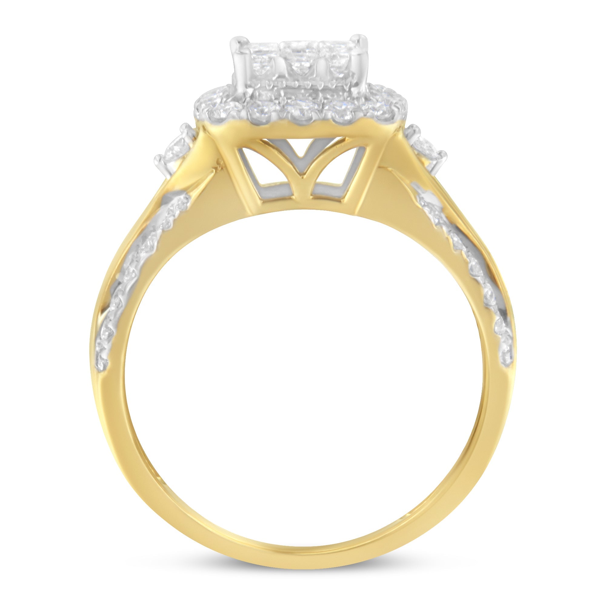 10K Yellow Gold 1.0 Cttw Diamond Composite Cushion-Shape Halo 3-Band-Look Engagement Ring (H-I Color, SI1-SI2 Clarity) - Size 6-1/4