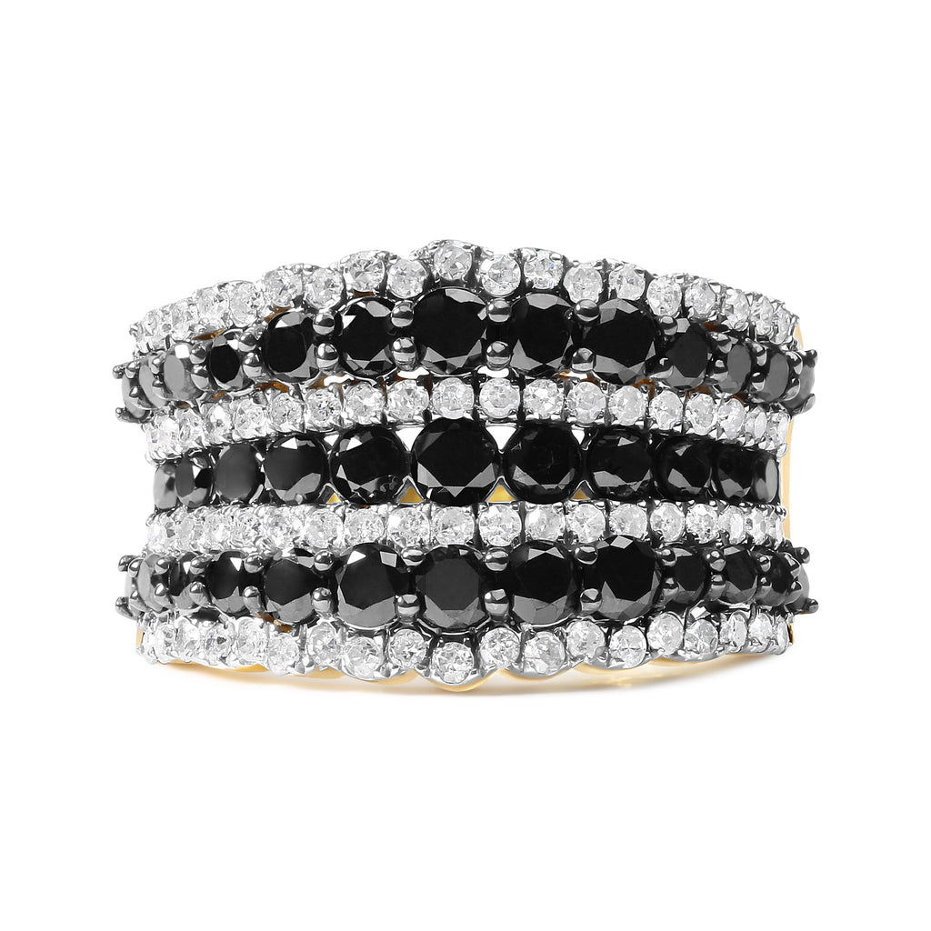14K Yellow Gold Plated .925 Sterling Silver 1 3/4 Cttw Treated Black and White Alternating Diamond Multi Row Band Ring (Black / I-J Color, I2-I3 Clarity) - Size 7