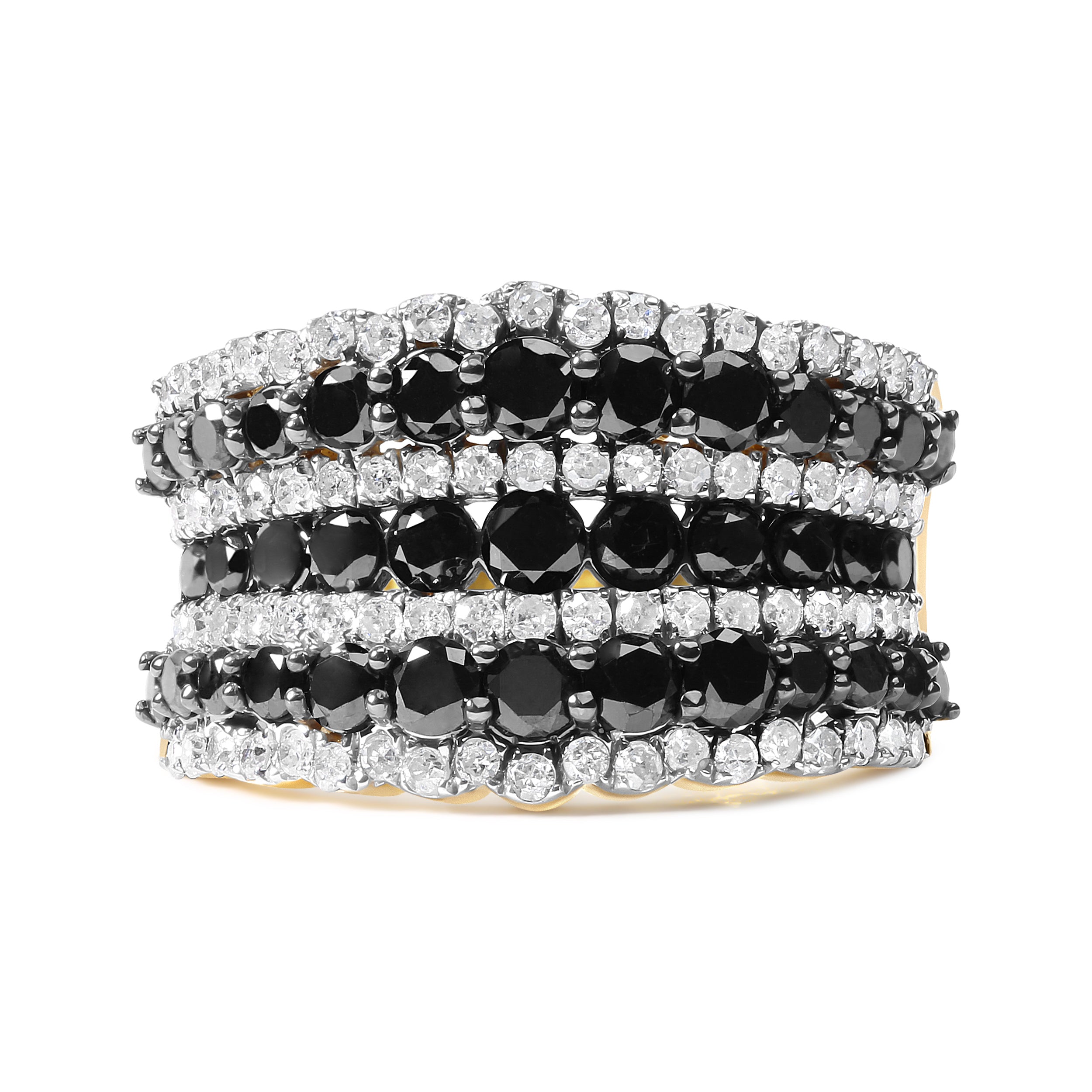 14K Yellow Gold Plated .925 Sterling Silver 1 3/4 Cttw Treated Black and White Alternating Diamond Multi Row Band Ring (Black / I-J Color, I2-I3 Clarity) - Size 7