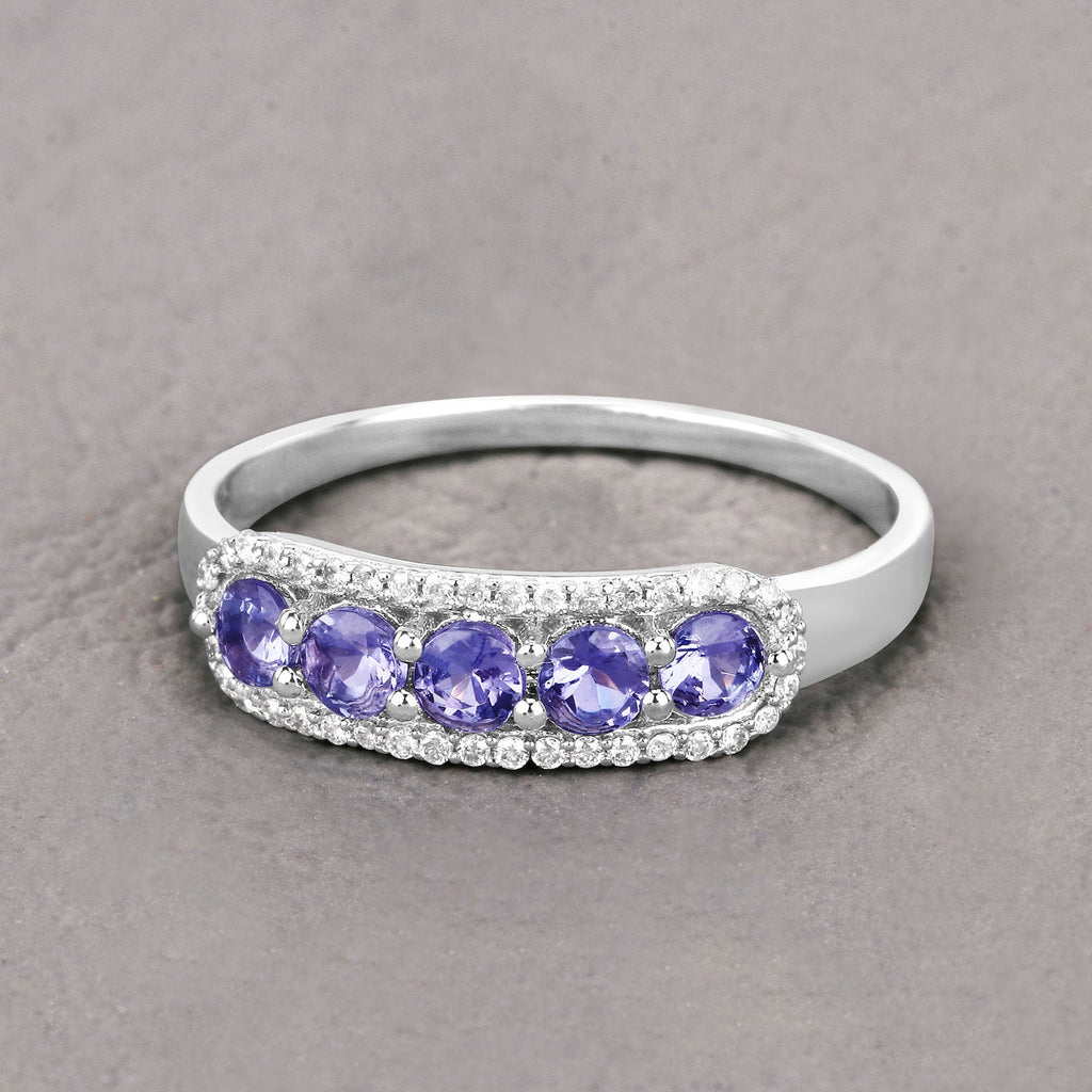 0.61 Carat Genuine Tanzanite and White Diamond 14K White Gold Ring