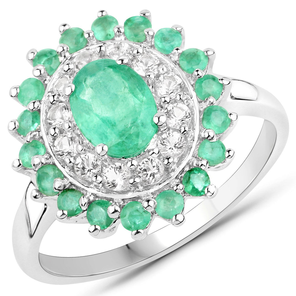 6.53 Carat Genuine Zambian Emerald and White Topaz .925 Sterling Silver 3 Piece Jewelry Set (Ring, Earrings, and Pendant w/ Chain)