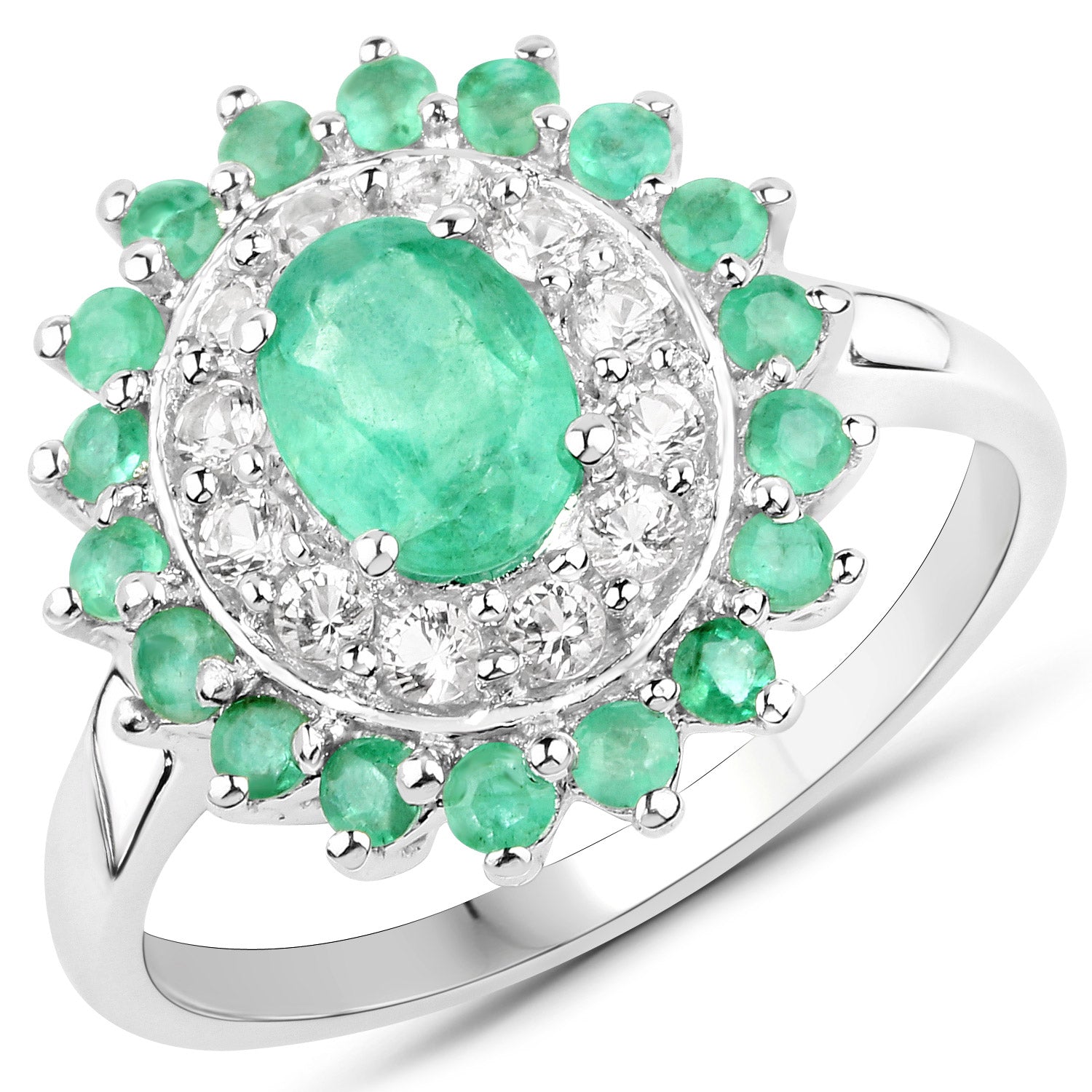 6.53 Carat Genuine Zambian Emerald and White Topaz .925 Sterling Silver 3 Piece Jewelry Set (Ring, Earrings, and Pendant w/ Chain)