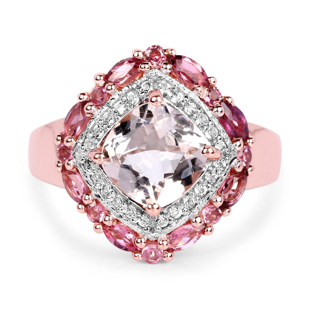 14K Rose Gold Plated 3.11 Carat Genuine Morganite, Pink Tourmaline & White Topaz .925 Sterling Silver Ring