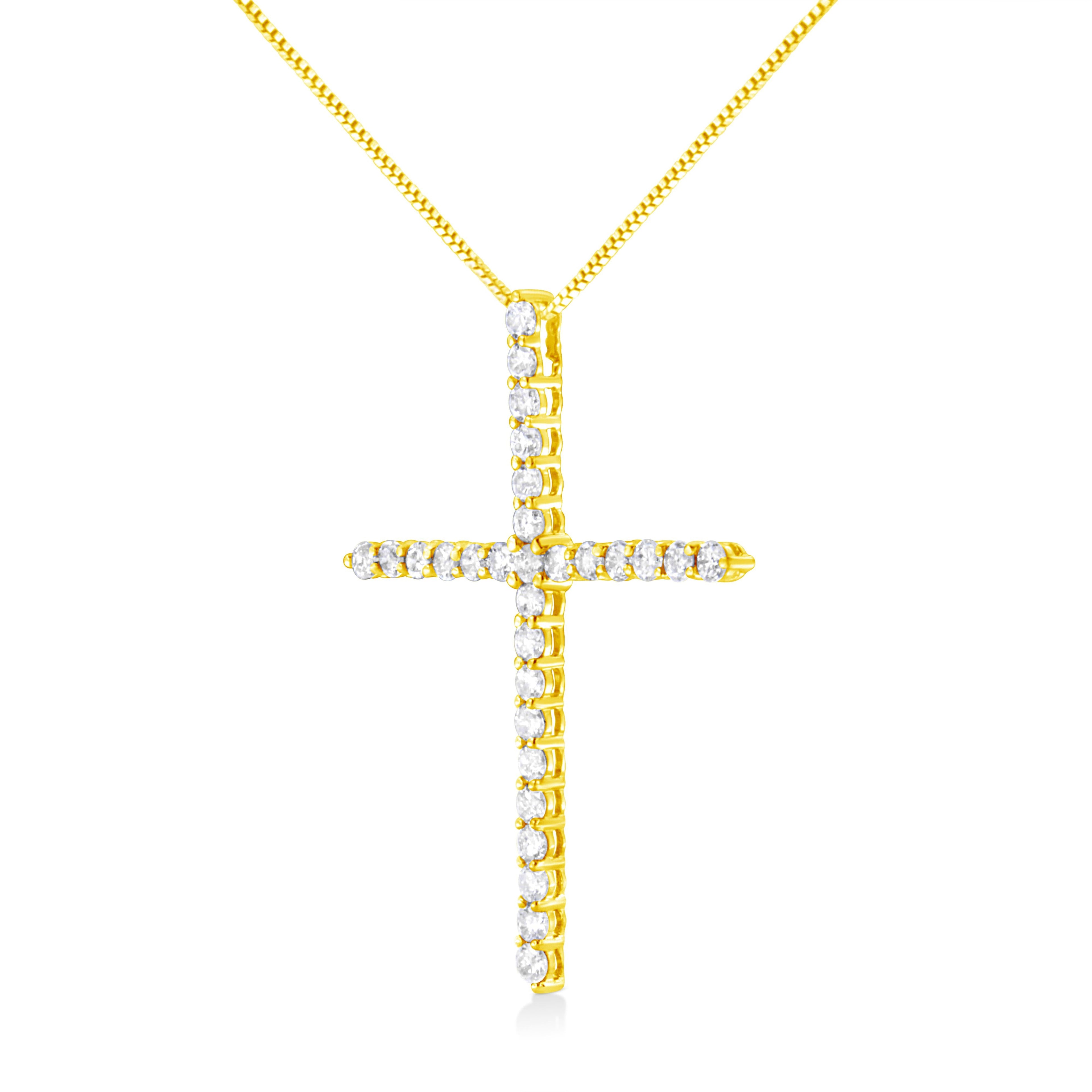 10K Yellow Gold Plated .925 Sterling Silver 3.0 Cttw Prong-Set Round Brilliant Cut Diamond Cross 18" Pendant Necklace (J-K Color, I1-I2 Clarity)