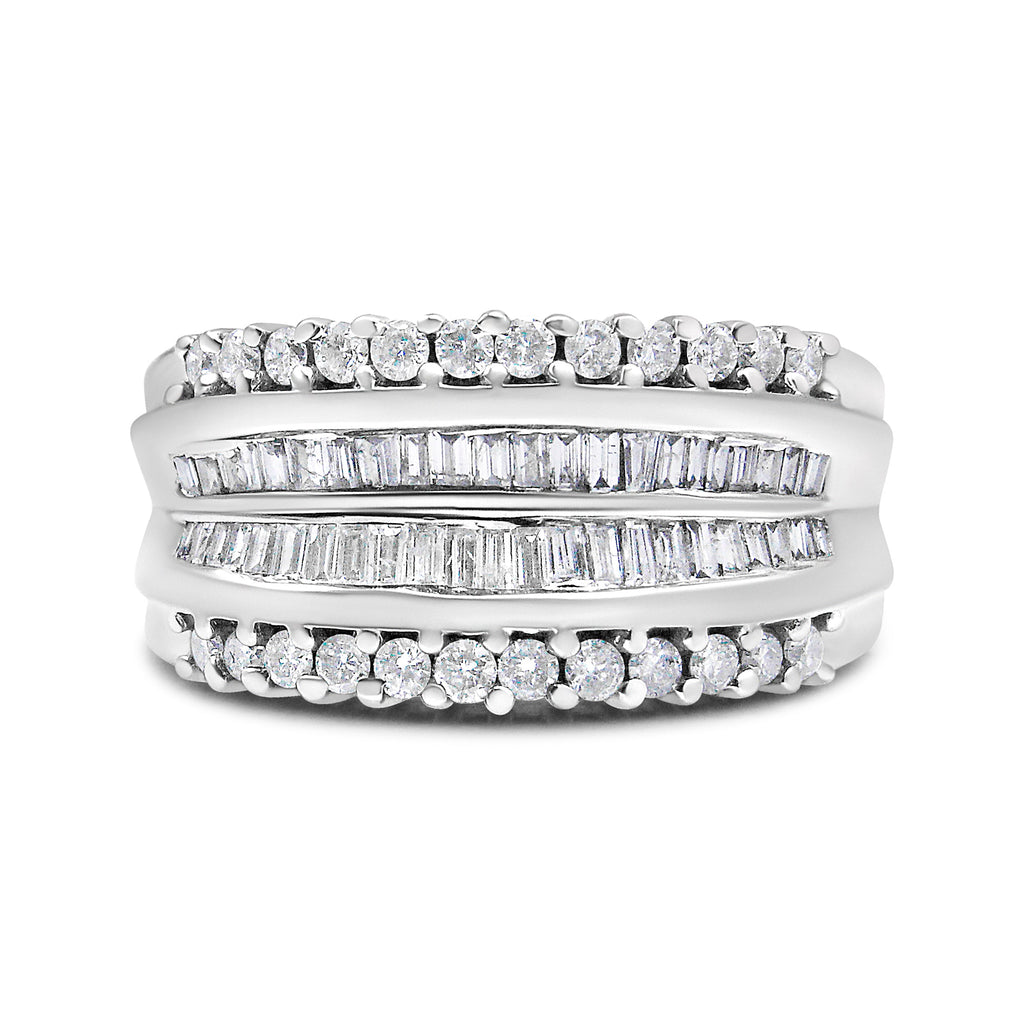 14K White Gold 1.00 Cttw Round and Baguette-Cut Diamond Modern Band Ring (H-I Color, SI2-I1 Clarity) - Ring Size 7