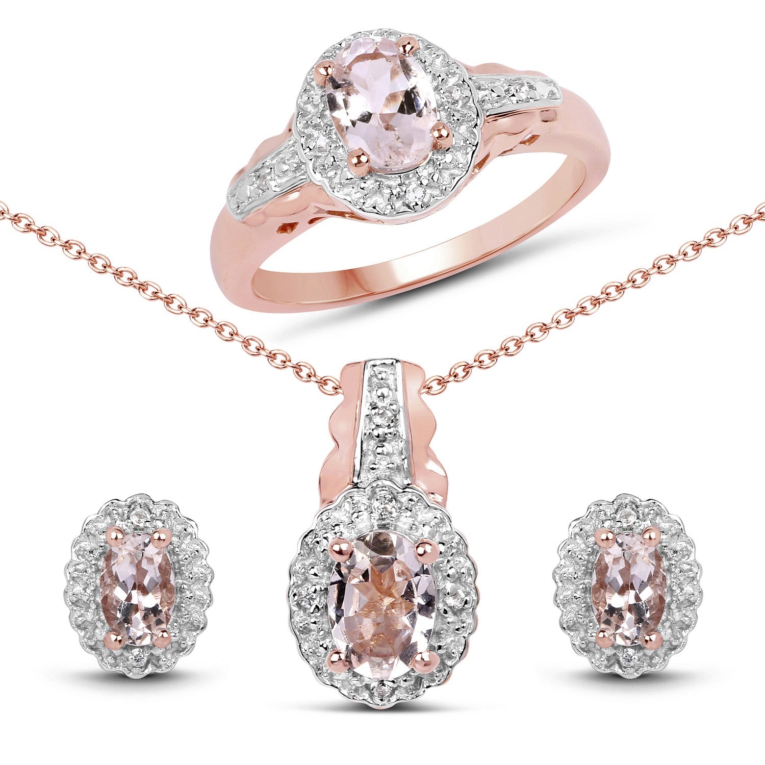 2.28 Carat Genuine Morganite and White Topaz .925 Sterling Silver 3 Piece Jewelry Set (Ring, Earrings, and Pendant w/ Chain)