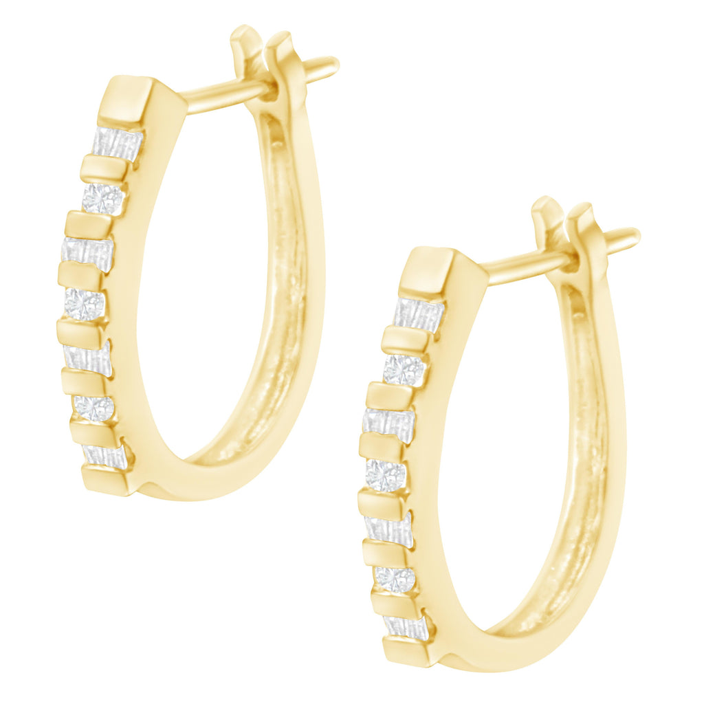 10K Yellow Gold Round and Baguette Cut Diamond Oblong Hinged Leverback Hoop Earrings (Â¼ Cttw, I-J Color, I2-I3 Clarity)