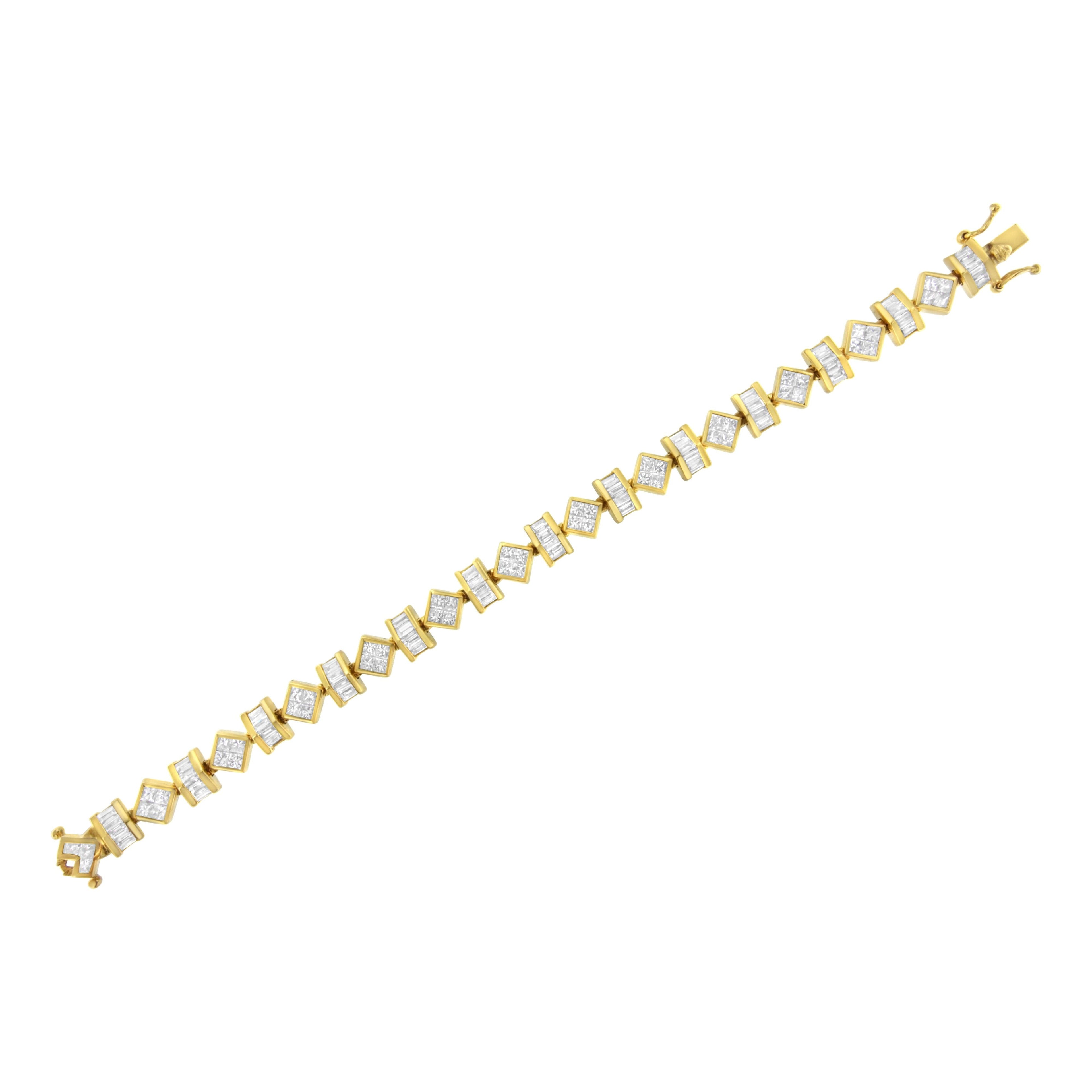 14K Yellow Gold 7.50 Cttw Princess and Baguette Diamond Geometric Link Bracelet