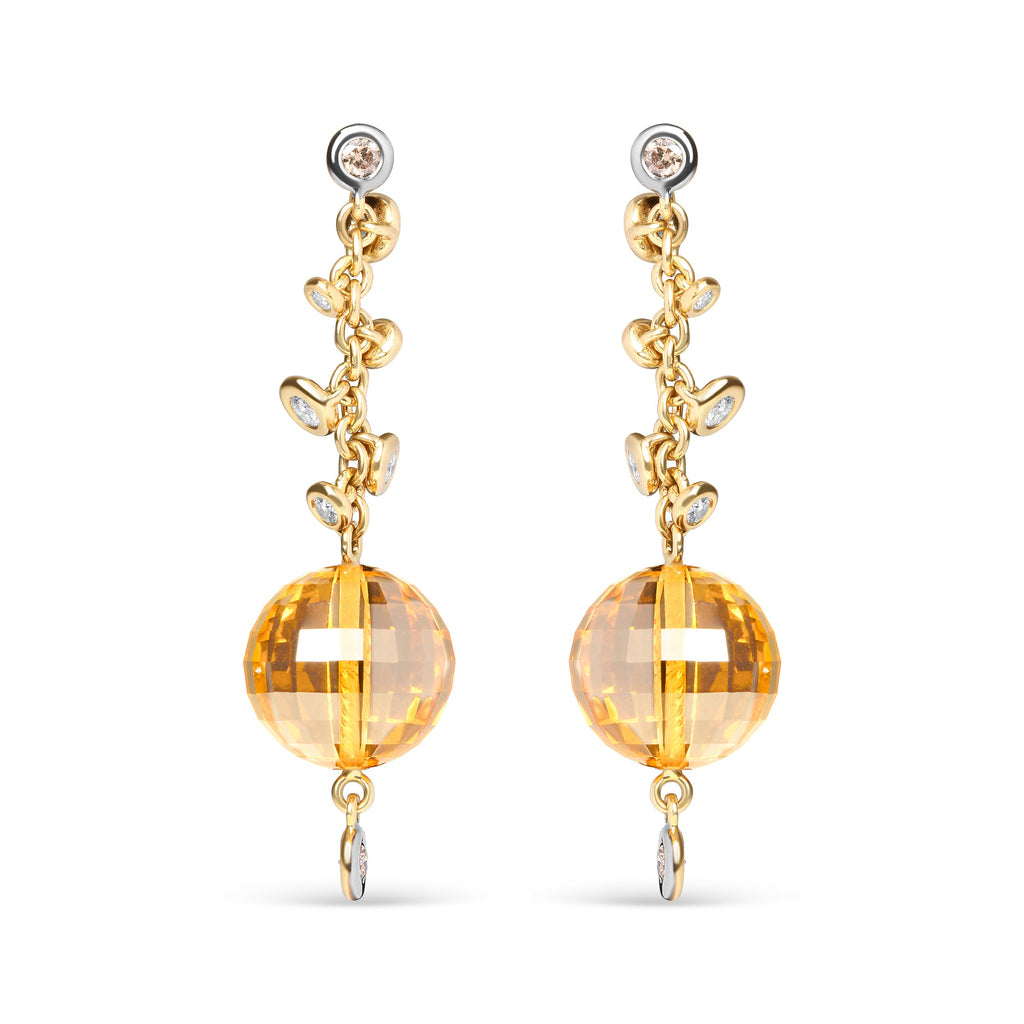 18K Yellow Gold 2/3 Cttw Round Bezel Diamond and 25mm Ball Shaped Yellow Citrine Gemstone Dangle Stud Earring (Brown and G-H Color, SI1-SI2 Clarity)