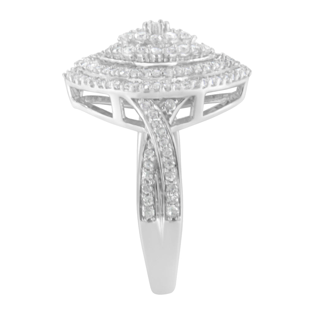 .925 Sterling Silver 1.0 Cttw Round & Baguette-Cut Diamond Marquise-Shaped Cluster Triple Stepped Halo Cocktail Fashion Ring (I-J Color, I2-I3 Clarity) - Size 7