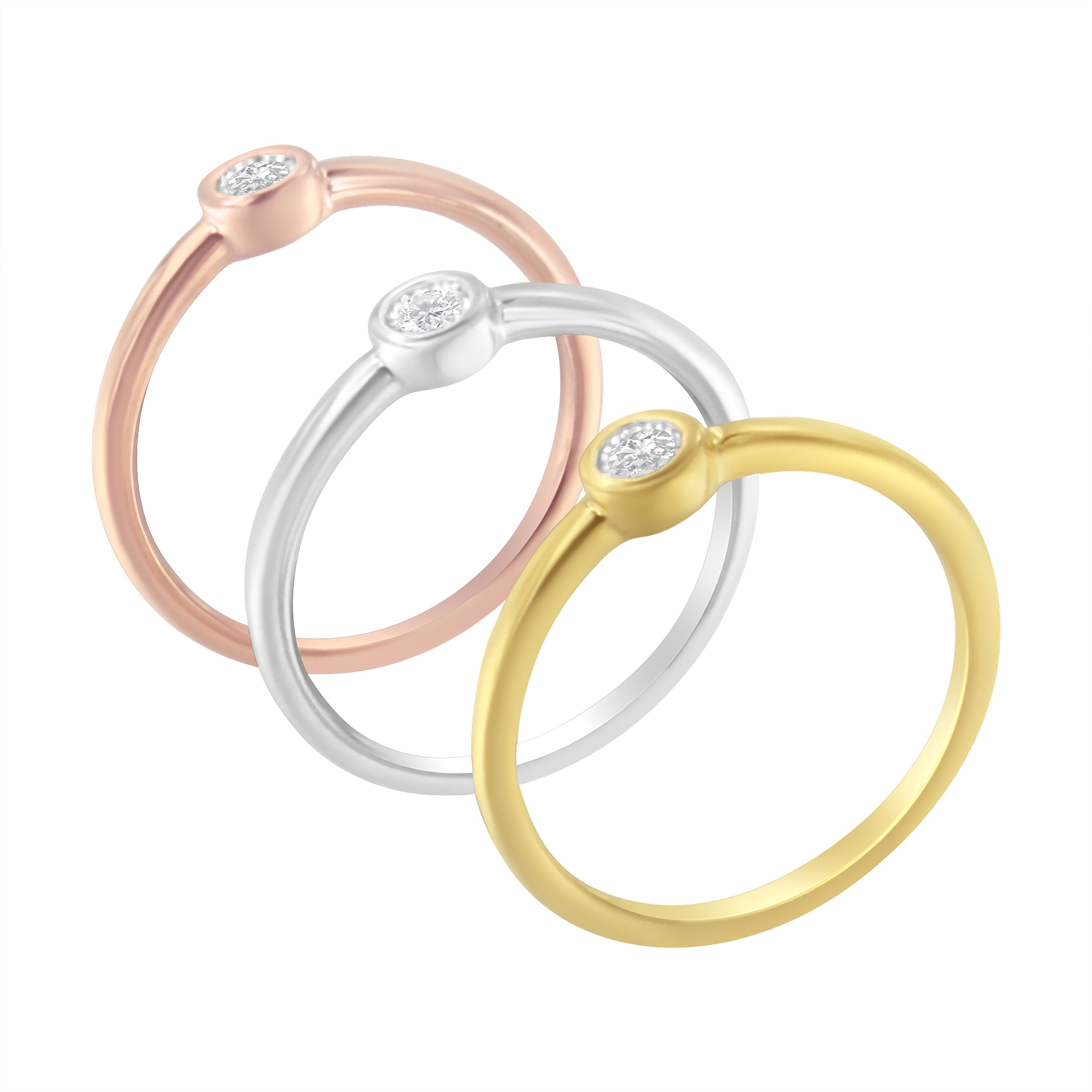 Tri-Color 14K Gold Plated .925 Sterling Silver 1/6 Cttw Round Miracle-Set Diamond Stacking Promise Ring Set (J-K Color, I1-I2 Clarity) - Size 7