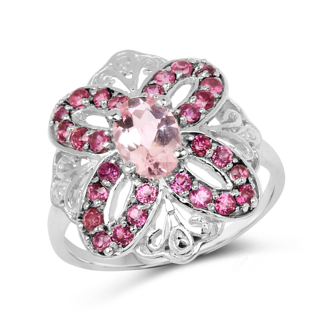1.82 Carat Genuine Morganite & Rhodolite .925 Sterling Silver Ring