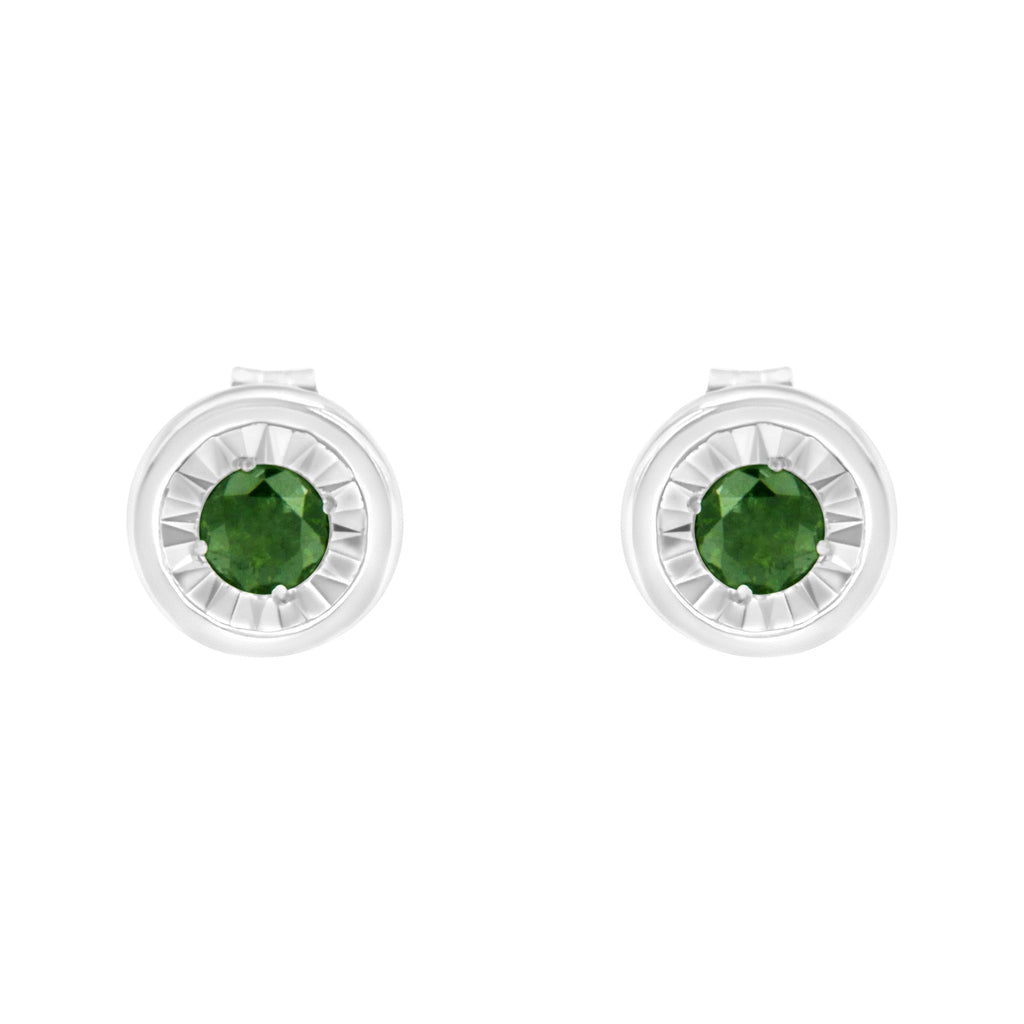 .925 Sterling Silver 1/4 Cttw Round Brilliant-Cut Green Diamond Miracle-Set Stud Earrings (Fancy Color-Enhanced, I1-I2 Clarity)