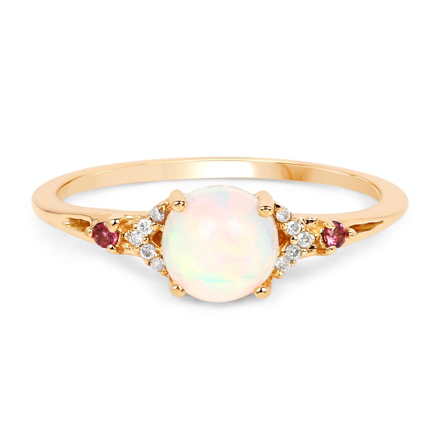 0.57 Carat Genuine Opal Ethiopian, Pink Tourmaline & White Diamond 14K Yellow Gold Ring