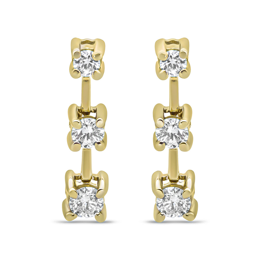 14K Yellow Gold 1/2 Cttw Round Diamond 3 Stone Graduated Linear Drop Past, Present and Future Stud Earrings (H-I Color, SI1-SI2 Clarity)
