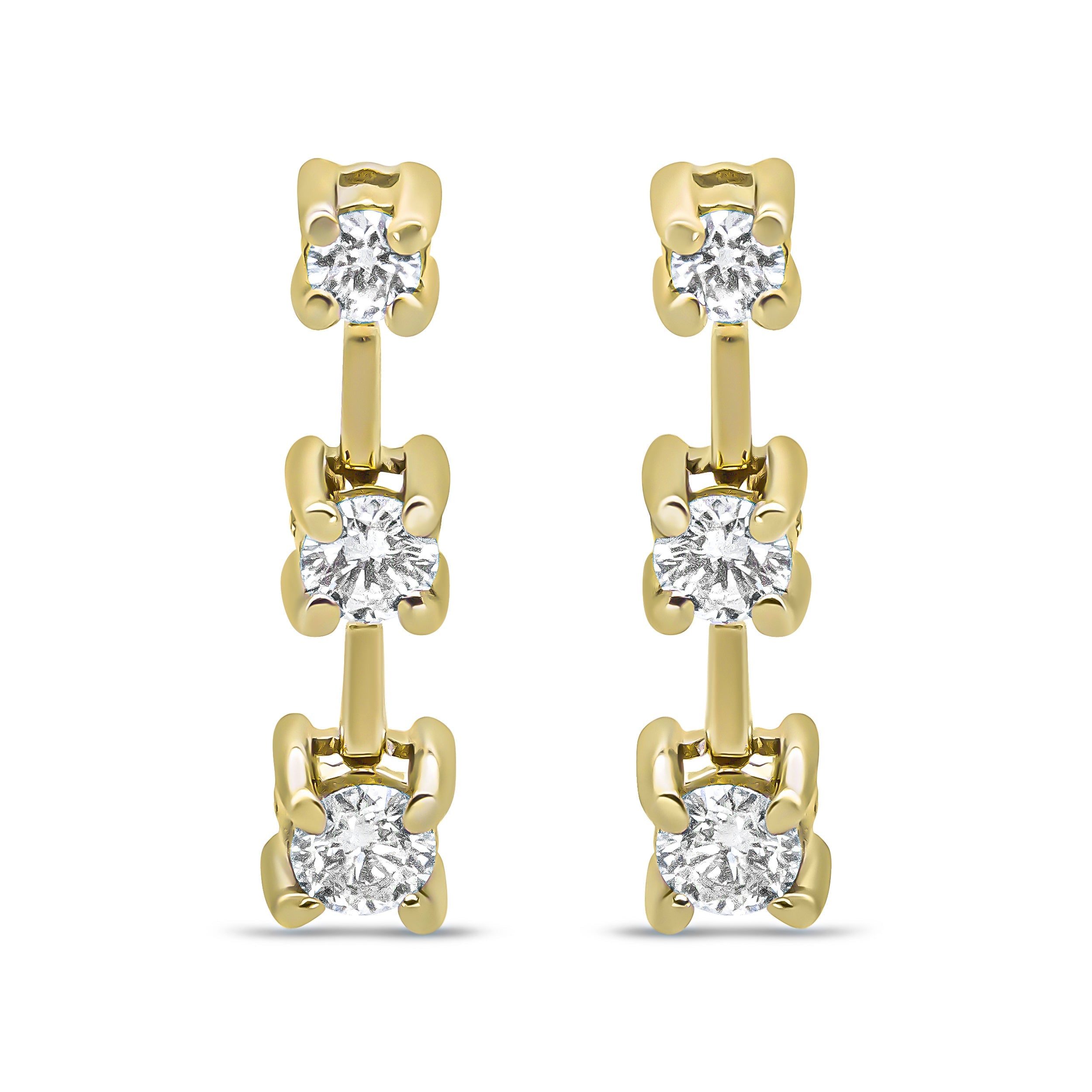 14K Yellow Gold 1/2 Cttw Round Diamond 3 Stone Graduated Linear Drop Past, Present and Future Stud Earrings (H-I Color, SI1-SI2 Clarity)