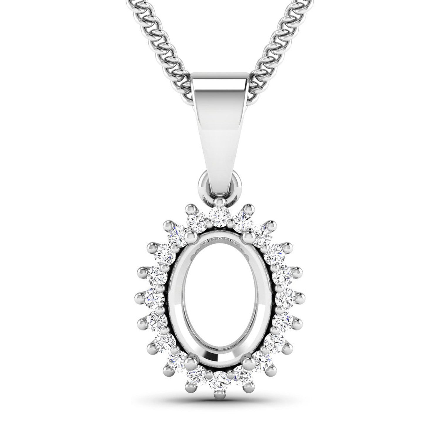 0.13 Carat Genuine White Diamond 14K White Gold Semi Mount Pendant - holds 8x6mm Oval Gemstone