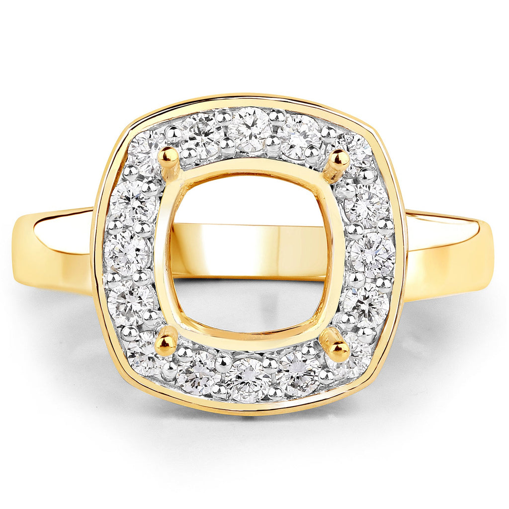0.48 Carat Genuine White Diamond 14K Yellow Gold Semi Mount Ring - holds 8x8mm Cushion Gemstone