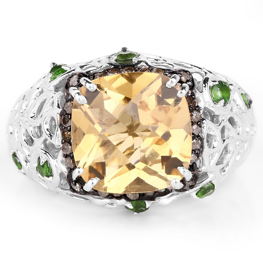 4.13 Carat Genuine Citrine, Chrome Diopside & Champagne Diamond .925 Sterling Silver Ring