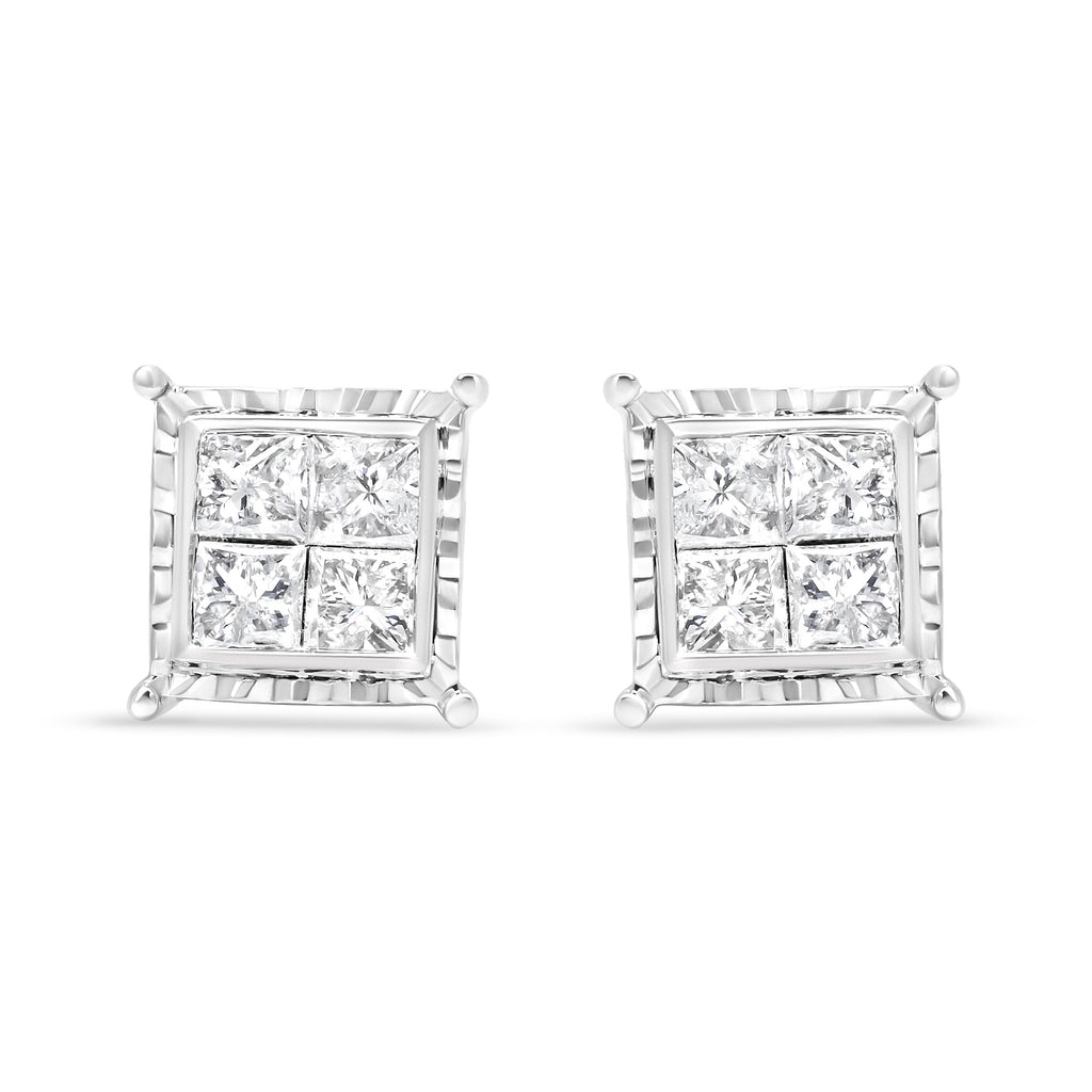 14K White Gold 1 1/2 Cttw Invisible Set Princess-Cut Diamond Contemporary Wavy Quad Stud Earrings (I-J Color, I1-I2 Clarity)
