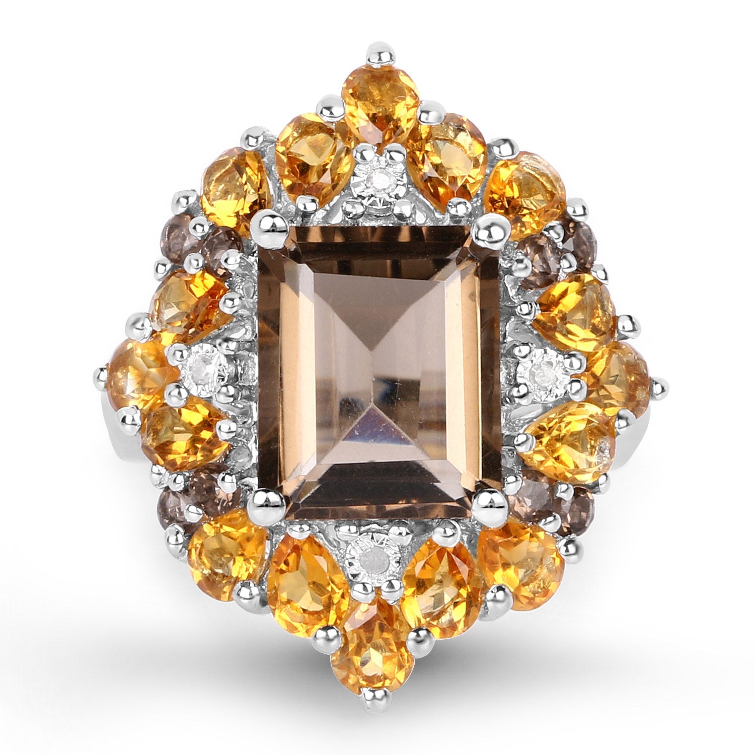 6.72 Carat Genuine Smoky Quartz, Citrine and White Diamond .925 Sterling Silver Ring