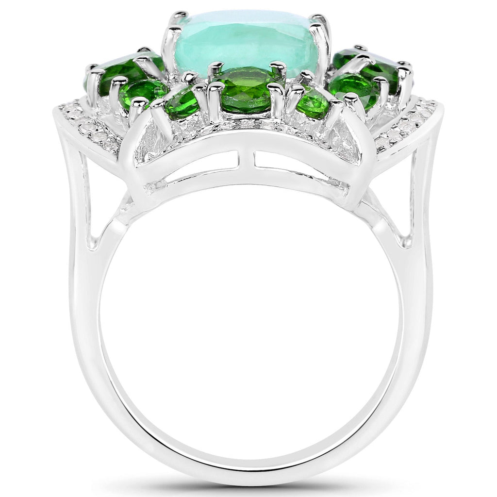5.49 Carat Genuine Emerald, Chrome Diopside and White Diamond .925 Sterling Silver Ring