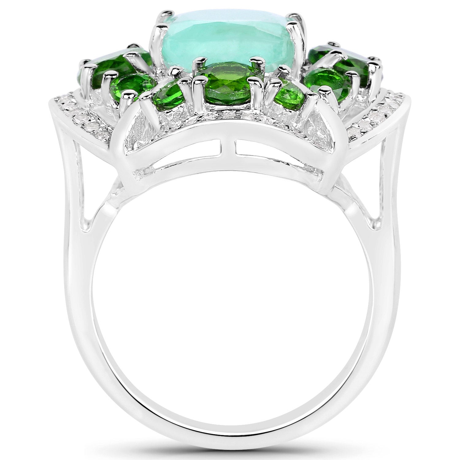 5.49 Carat Genuine Emerald, Chrome Diopside and White Diamond .925 Sterling Silver Ring