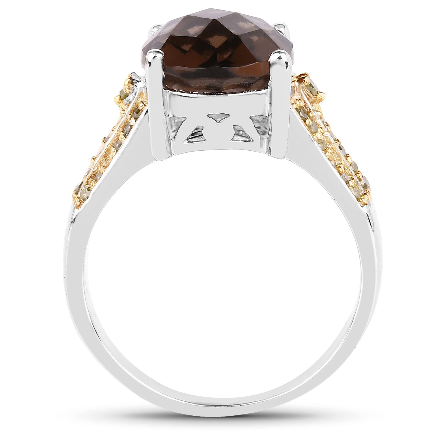 4.87 Carat Genuine Smoky Quartz and Yellow Diamond .925 Sterling Silver Ring