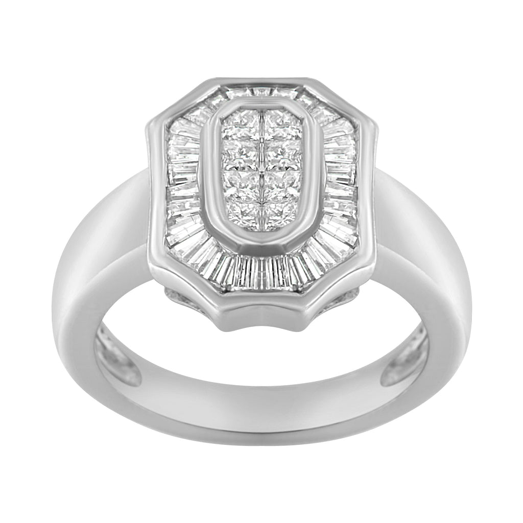 14K White Gold 1.00 Cttw Baguette and Princess-Cut Diamond Cocktail Art Deco Style Ring (H-I Color, SI1-SI2 Clarity) - Size 7