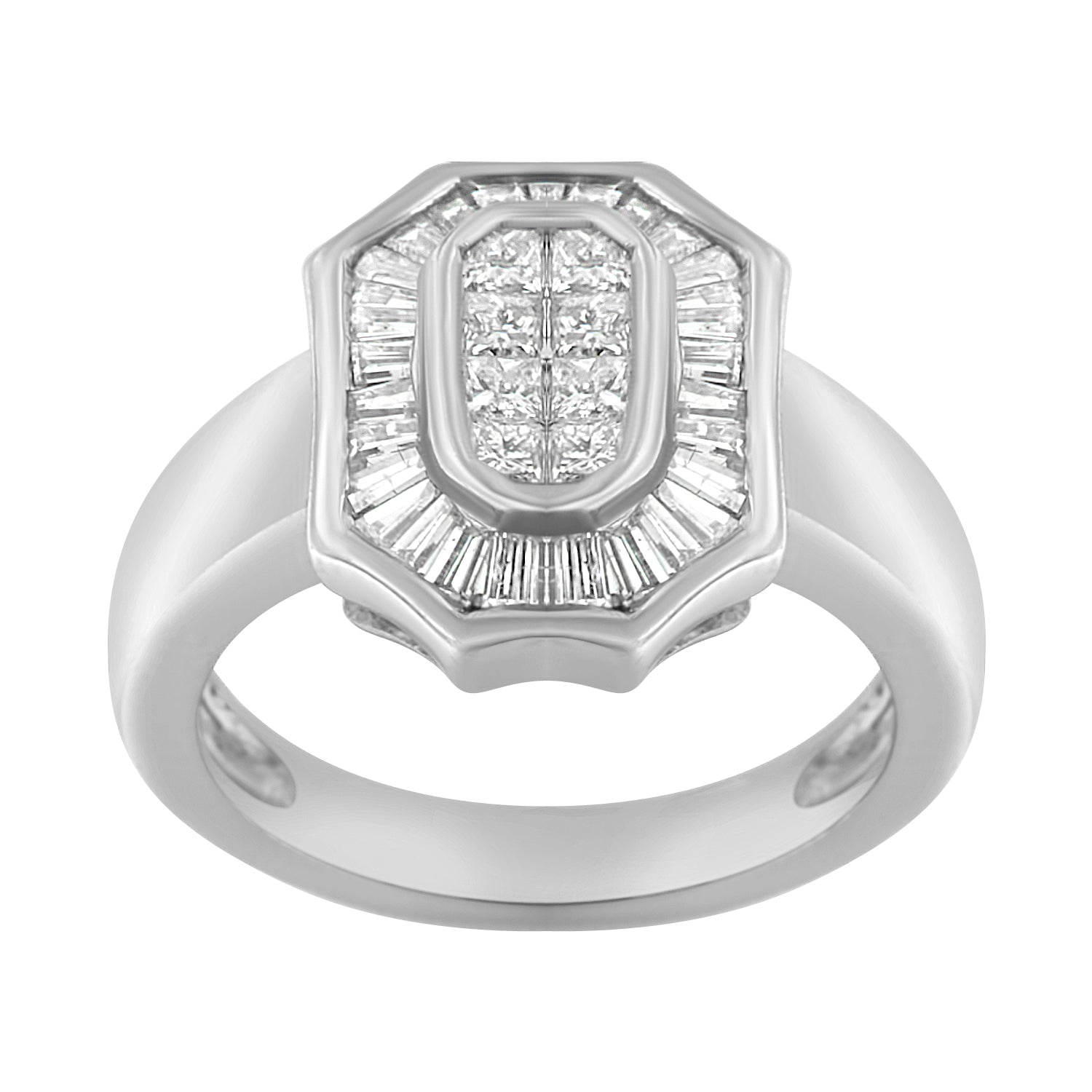 14K White Gold 1.00 Cttw Baguette and Princess-Cut Diamond Cocktail Art Deco Style Ring (H-I Color, SI1-SI2 Clarity) - Size 7