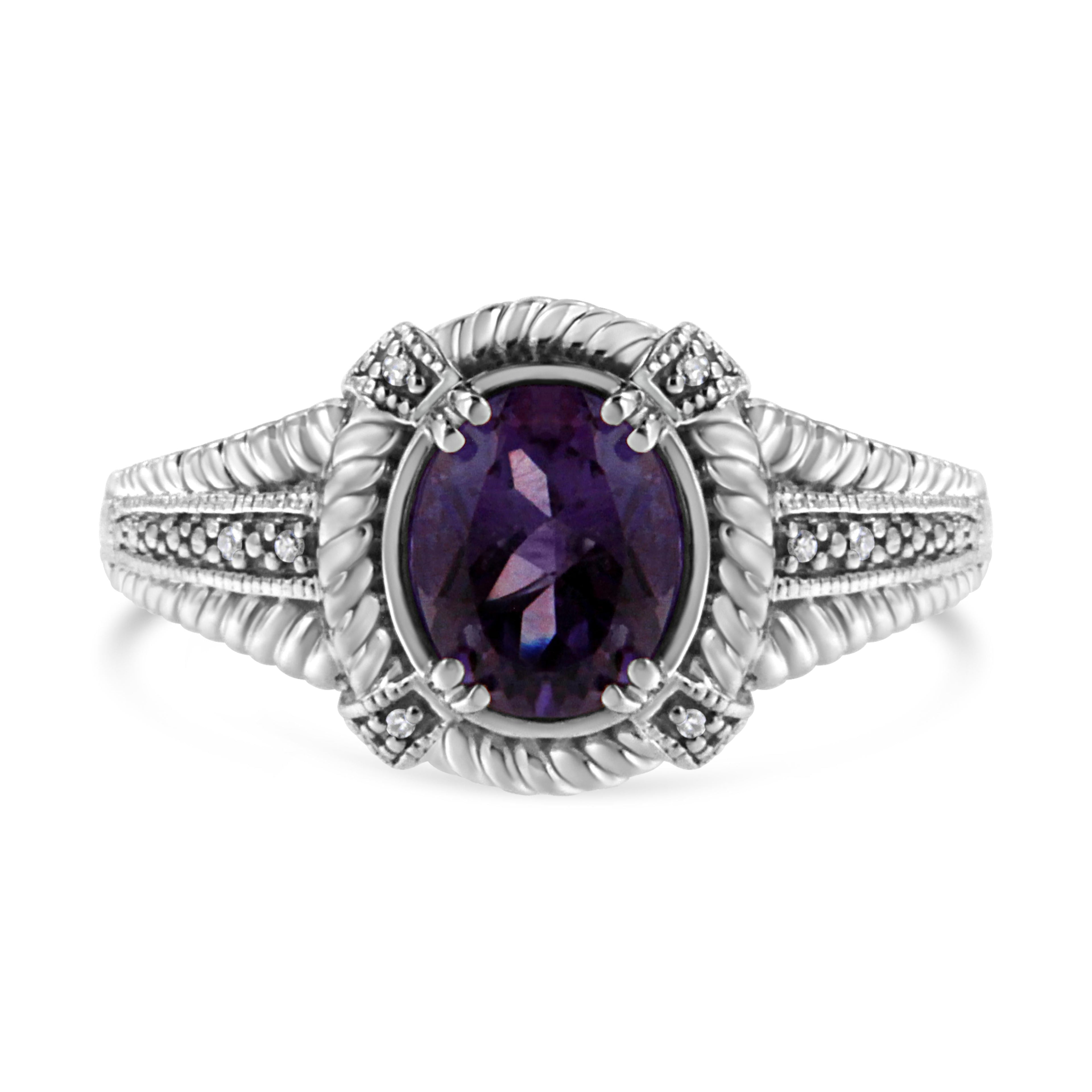 .925 Sterling Silver Prong Set Natural Oval Shape 9X7 MM Purple Amethyst Solitaire and Diamond Accent Ring (I-J Color, I1-I2 Clarity) - Ring Size 7