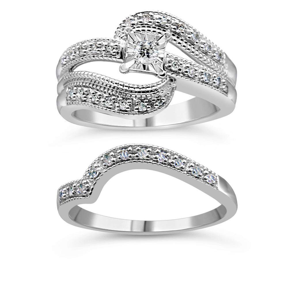 .925 Sterling Silver 1/3 Cttw Round Diamond Crisscross Engagement Ring Bridal Set (H-I Color, I1-I2 Clarity ) - Size 7