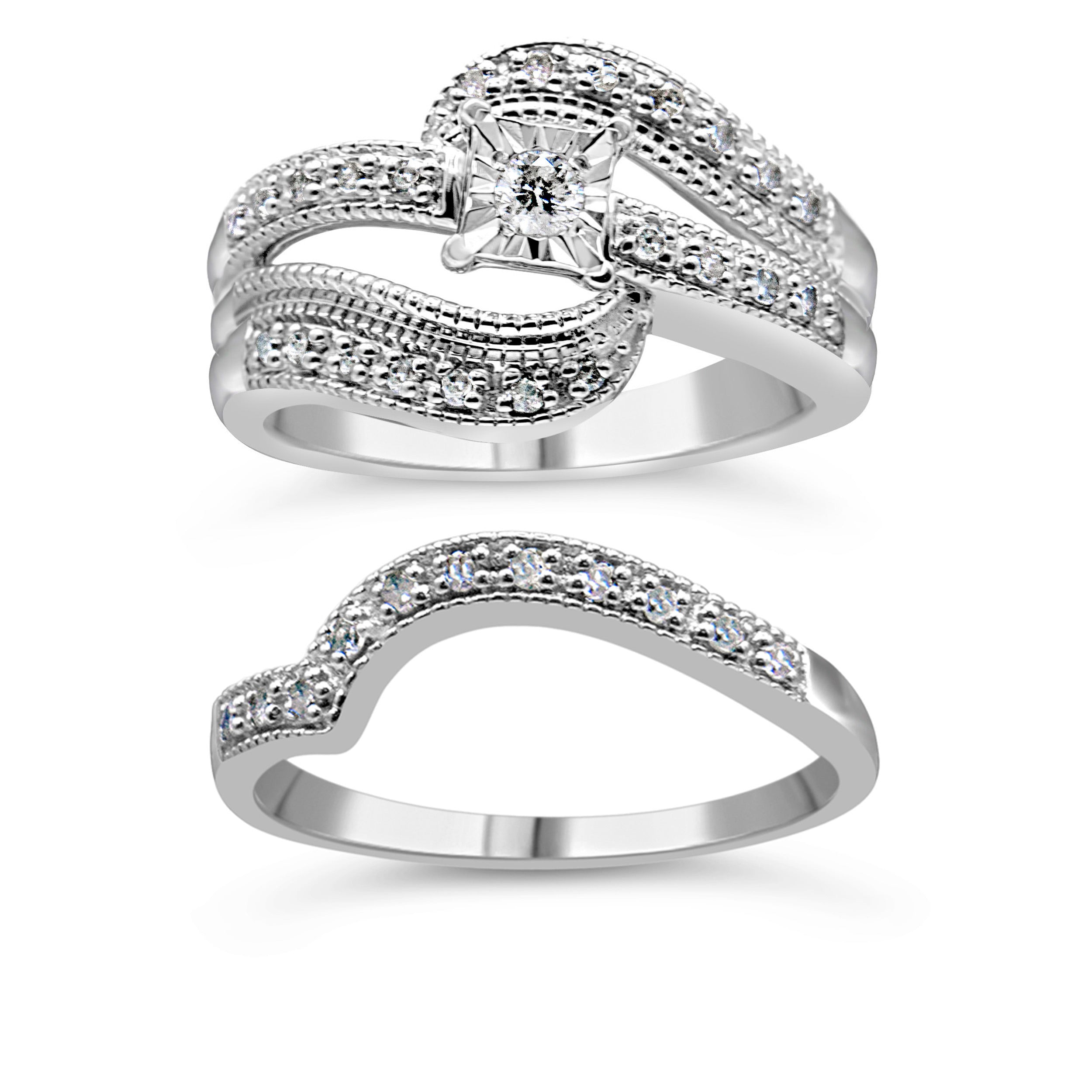 .925 Sterling Silver 1/3 Cttw Round Diamond Crisscross Engagement Ring Bridal Set (H-I Color, I1-I2 Clarity ) - Size 7