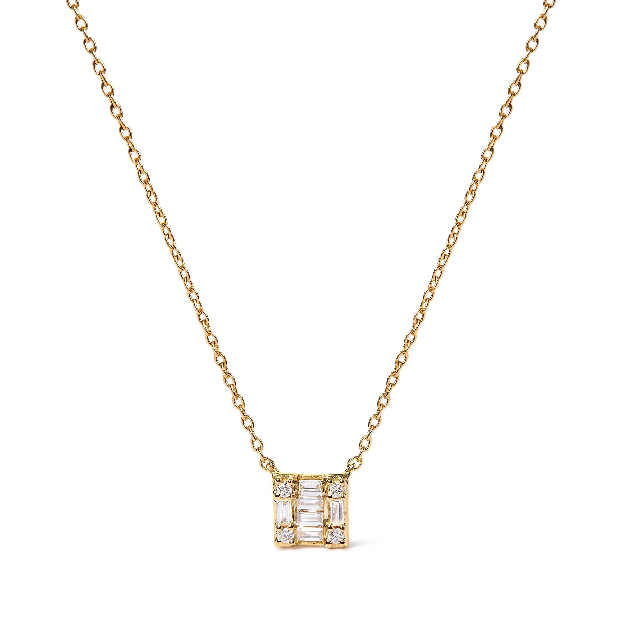 10K Yellow Gold 1/10 Cttw Round and Baguette Diamond Mosaic Composite Square 18" Inch Pendant Necklace (H-I Color, I1-I2 Clarity)