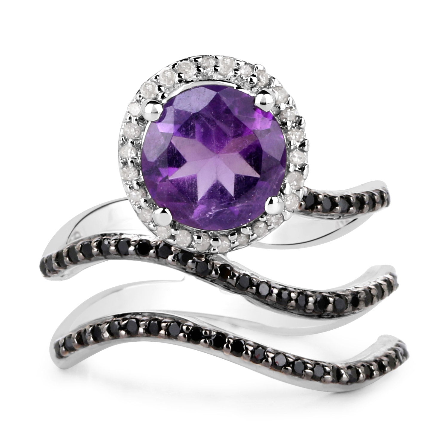 2.31 Carat Genuine Amethyst, Black Spinel and White Diamond .925 Sterling Silver Ring