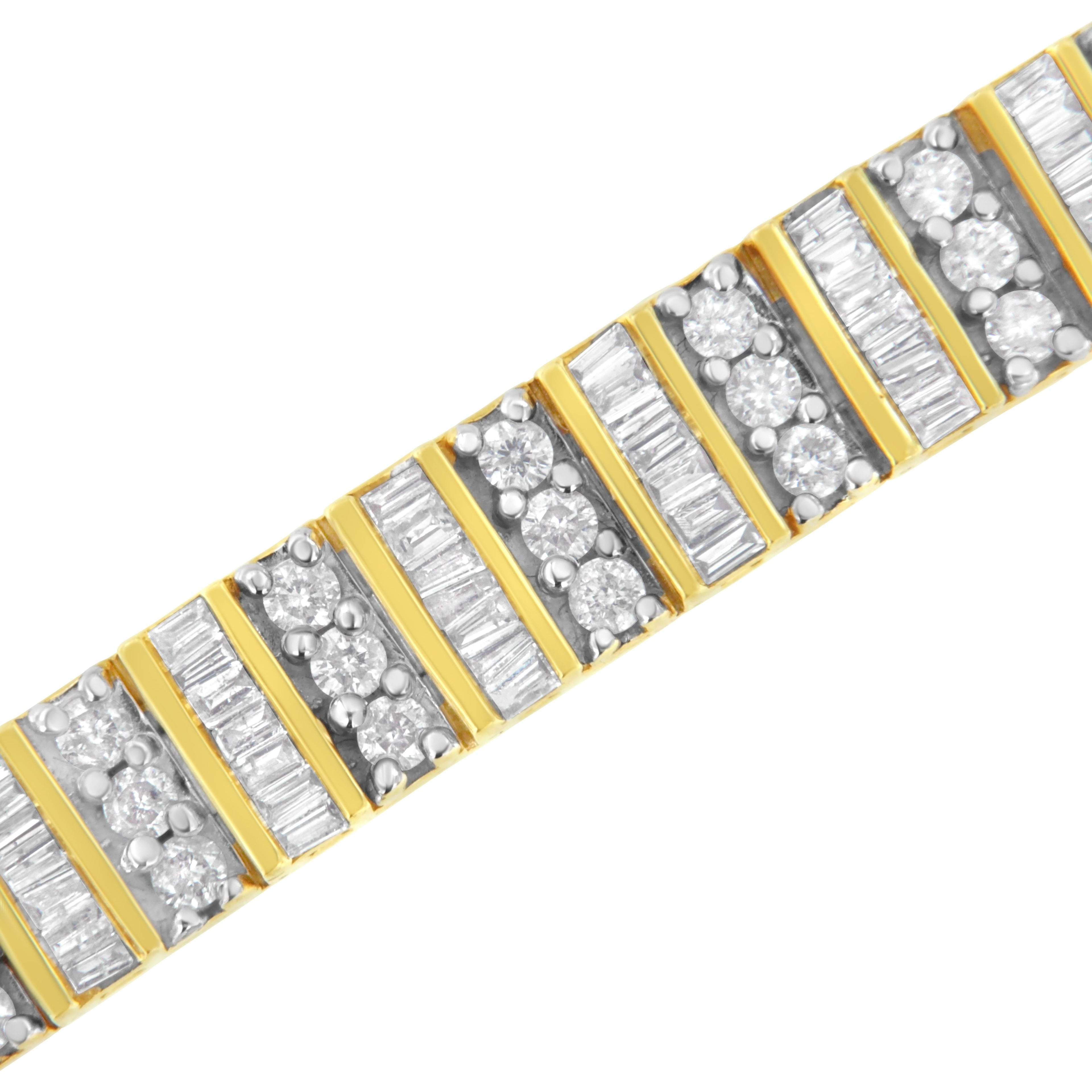 14K Yellow Gold 5.50 Cttw Round and Baguette Diamond Link Bracelet