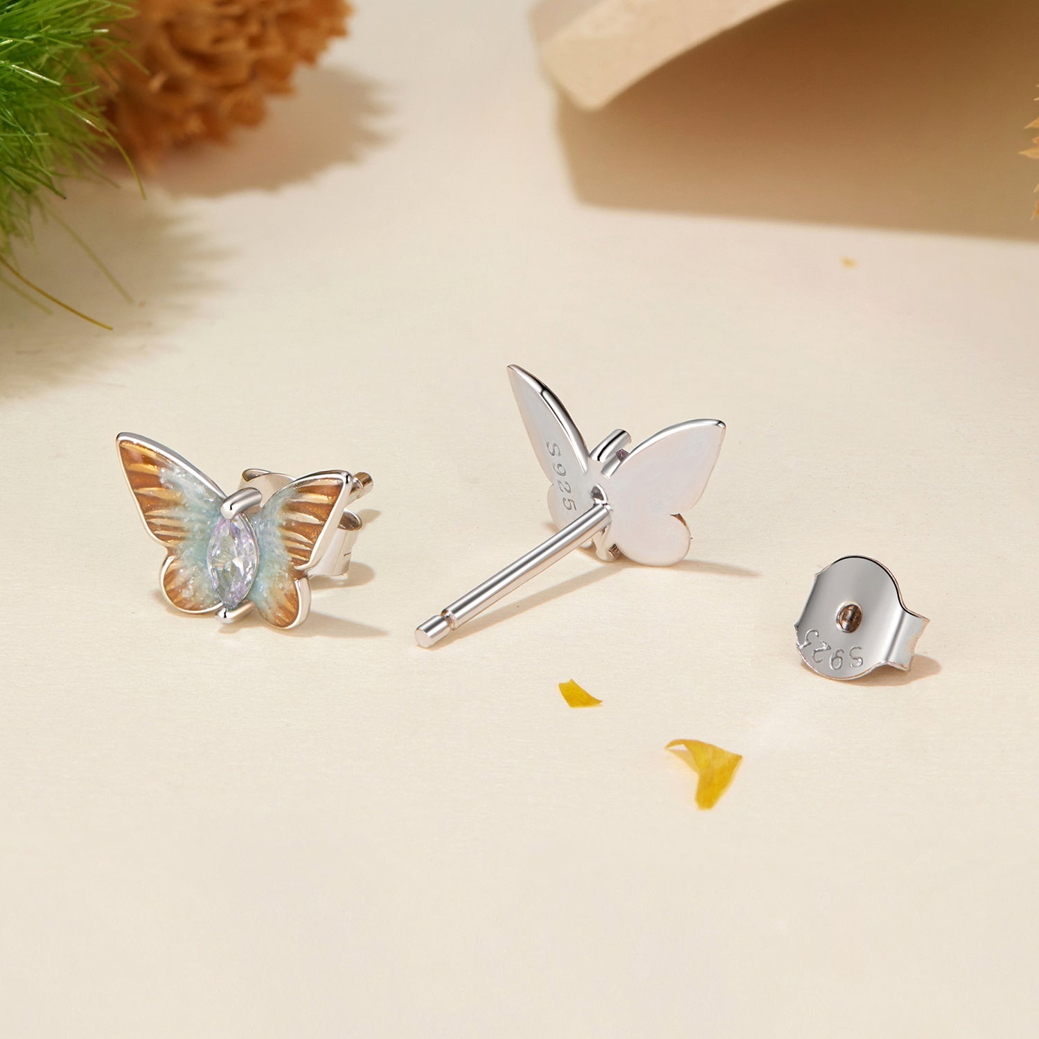 925 Sterling Silver Earrings with Enamel and Pavé Set CZ, 7x10mm, White Gold Plated for Women