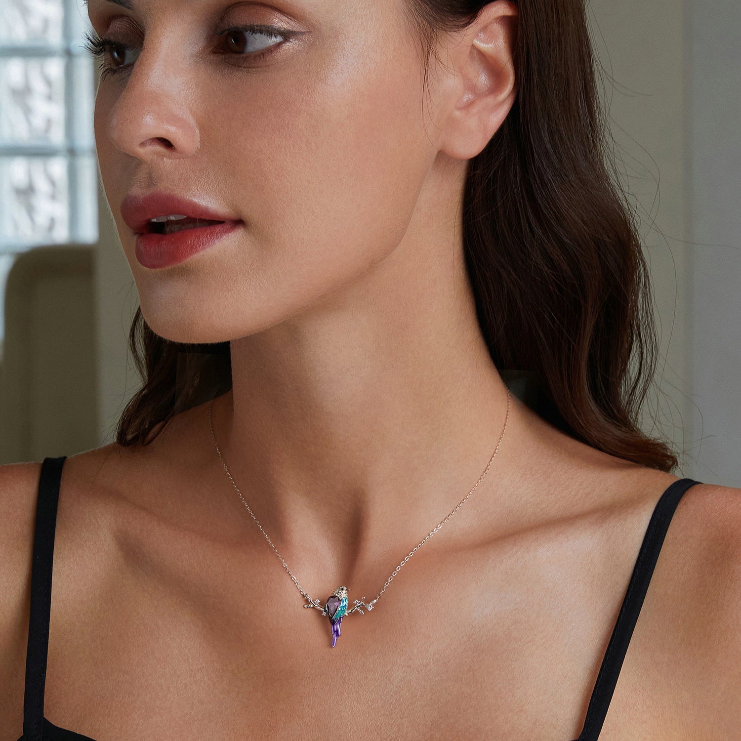925 Sterling Silver Plated Platinum Pendant Necklace with Enamel and CZ for Women