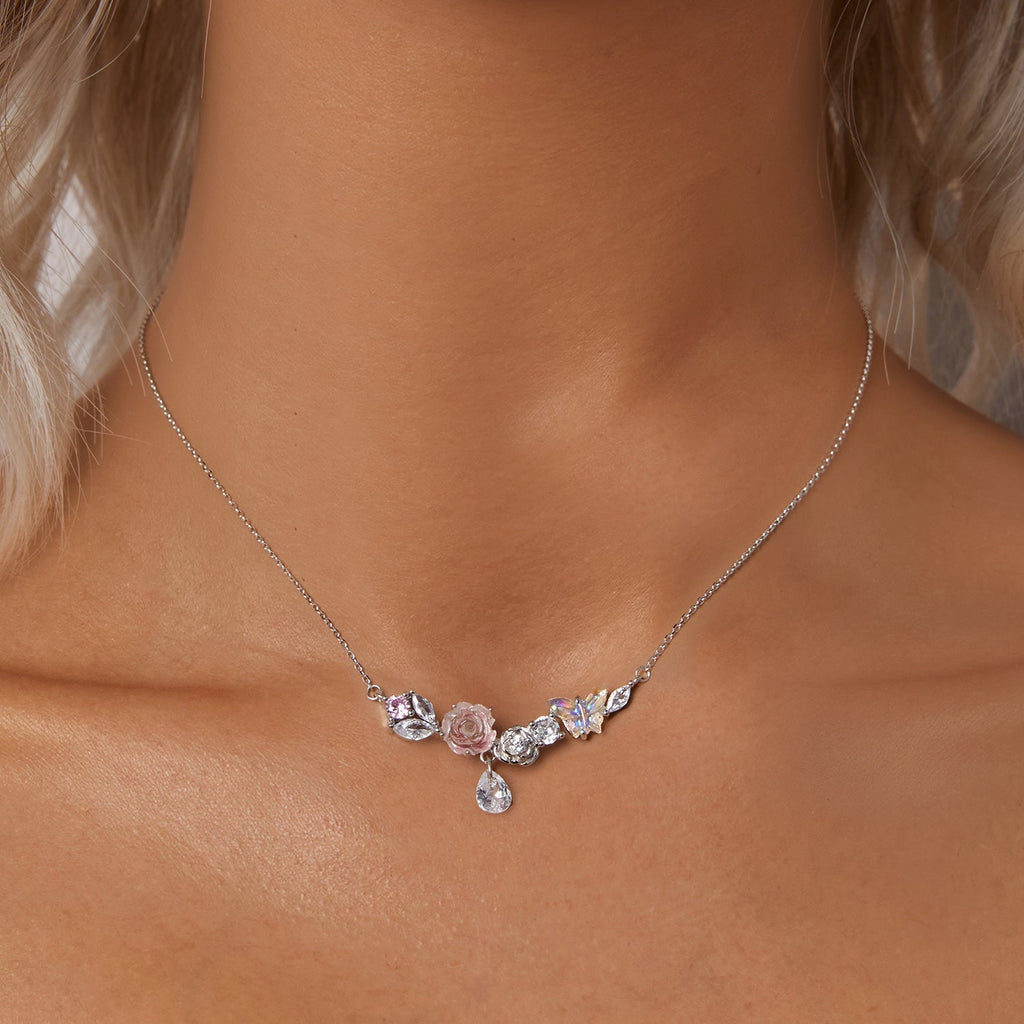 925 Sterling Silver Necklace with CZ & Resin Pendant, 18x39mm, Plated with White Gold